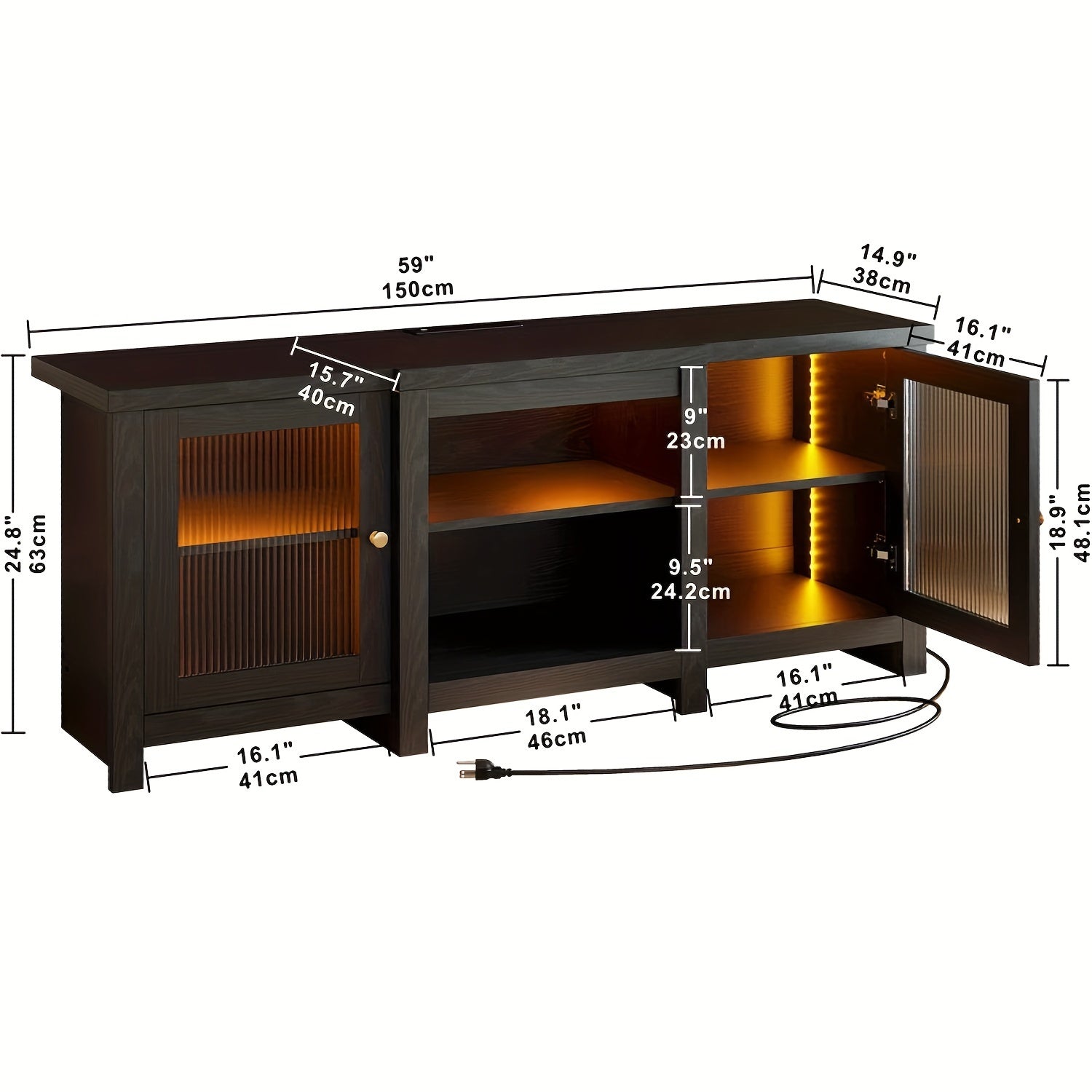 1pc Black Hardwood TV Stand for 65 Inch TV, Entertainment Center with Power Outlets and LED Lights, Wood and MDF Construction, Freestanding Media Console Cabinet with Storage, 110V US Plug, Assembly Required