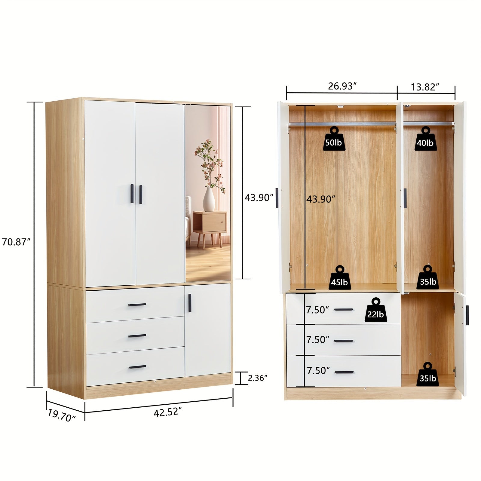 Wood Bedroom Wardrobe Armoire Closet, Freestanding Clothes Storage Armoire Organizer With Hanging Rod Shelves And Drawers