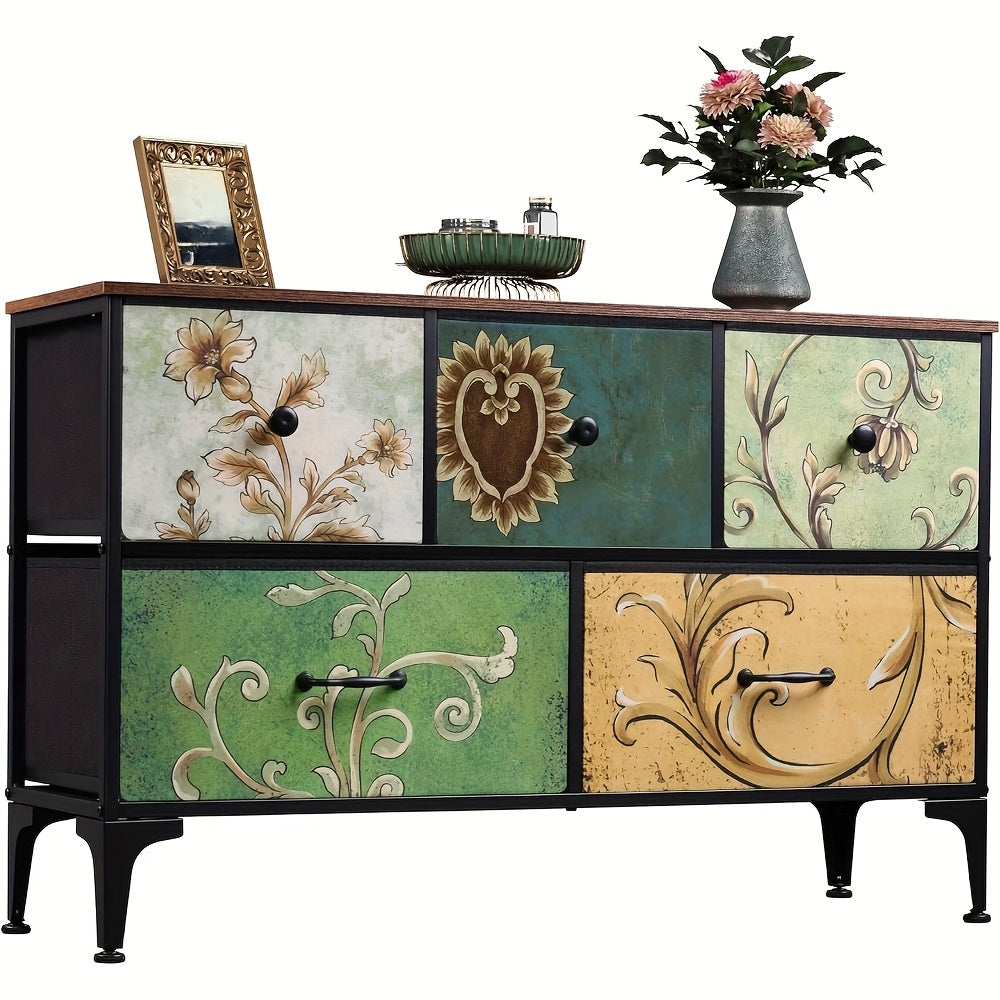 Dresser for Bedroom with 5 Drawers, Wide Chest of Drawers, Fabric Dresser, Storage Organizer Unit with Fabric Bins for Closet, Living Room, Hallway, Floral Painted