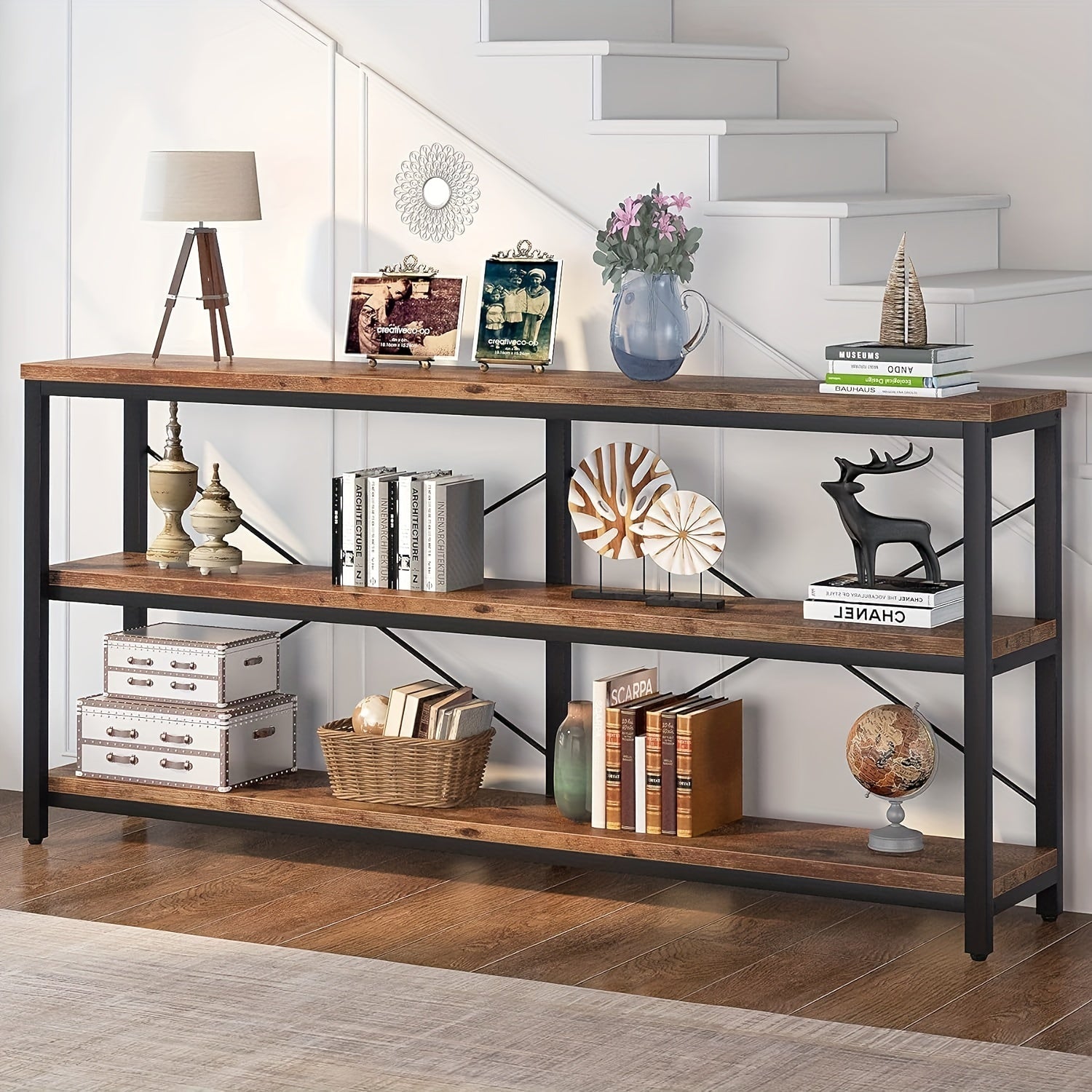 Extra Long Console Table, 3-Tier Narrow Sofa Table with Metal Frame and X-Shaped Support for Living Room and Hallway