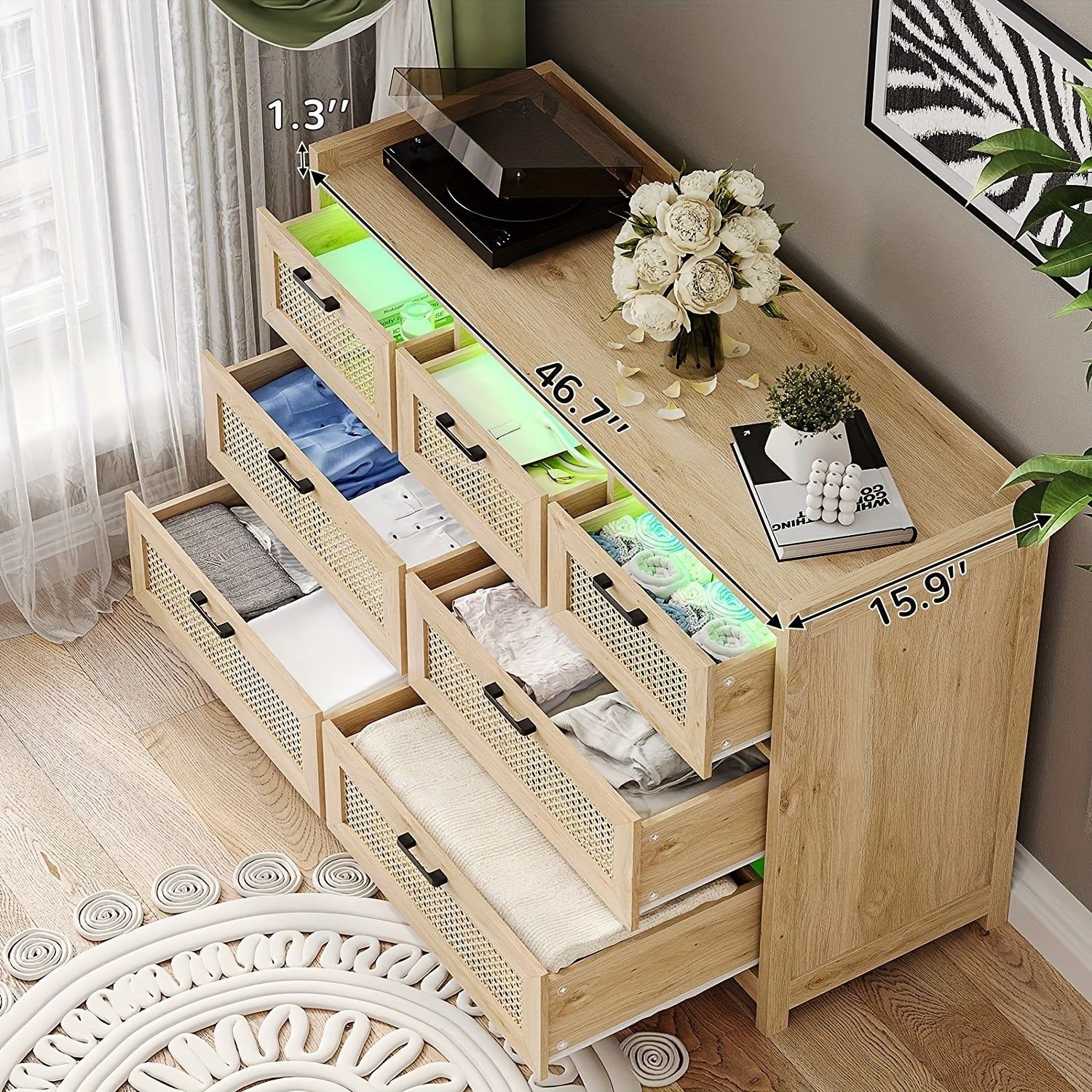 Natural Rattan 7 Drawer Dresser With LED Lights Chests Of Drawers For Bedroom, Hallway, Entryway