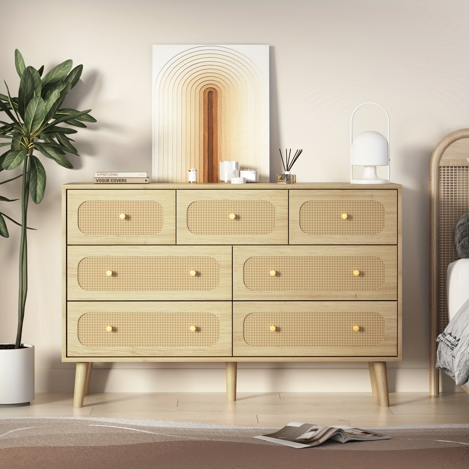 Natural Rattan Dresser For Bedroom, Modern Wood 7 Drawer Dresser With Gold Handles