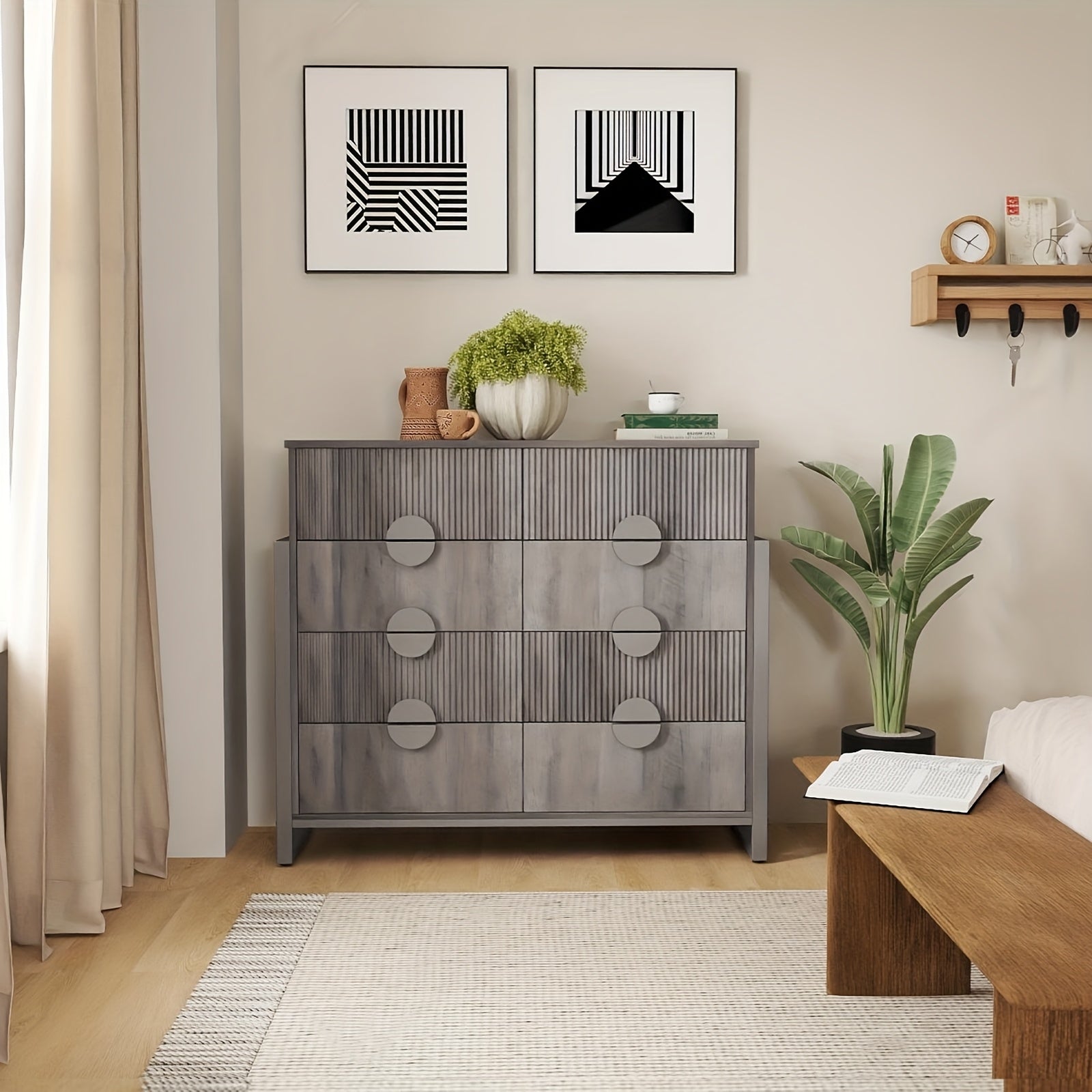 8 Drawer Large Grey Dresser For Bedroom, 49.6" Long Chest Of Drawers With Deep Drawers, Modern Fluted Storage Dresser, Metal H Legs, Large Metal Handles For Bedroom, Living Room, Hallway, Furniture For Home