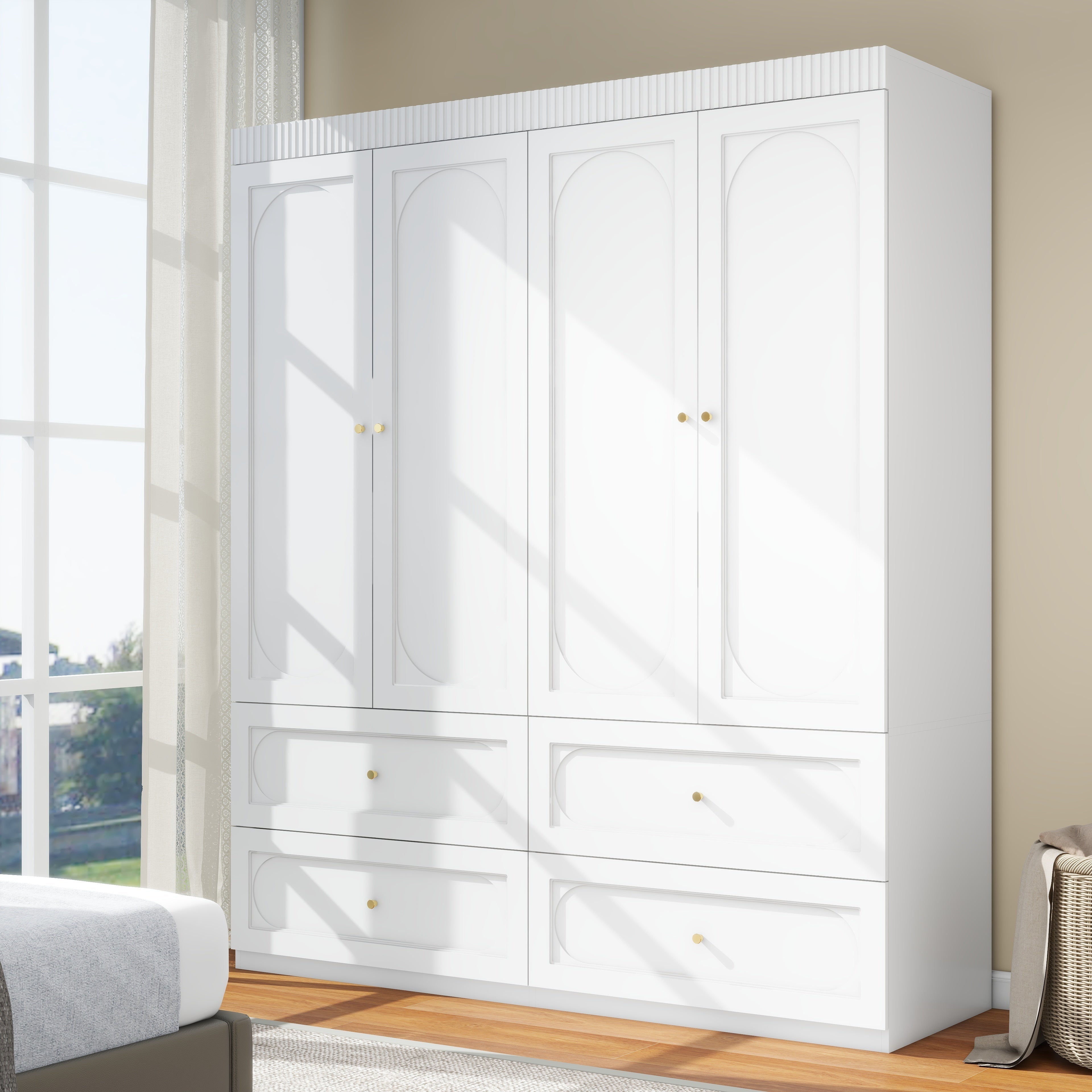 Bedroom Armoire Wardrobe Closet With 4 Drawers, 74" White Wood Closet For Hanging Clothes, Cabinet For Clothes With 4 Doors, Large Wardrobe Closet With Shelves