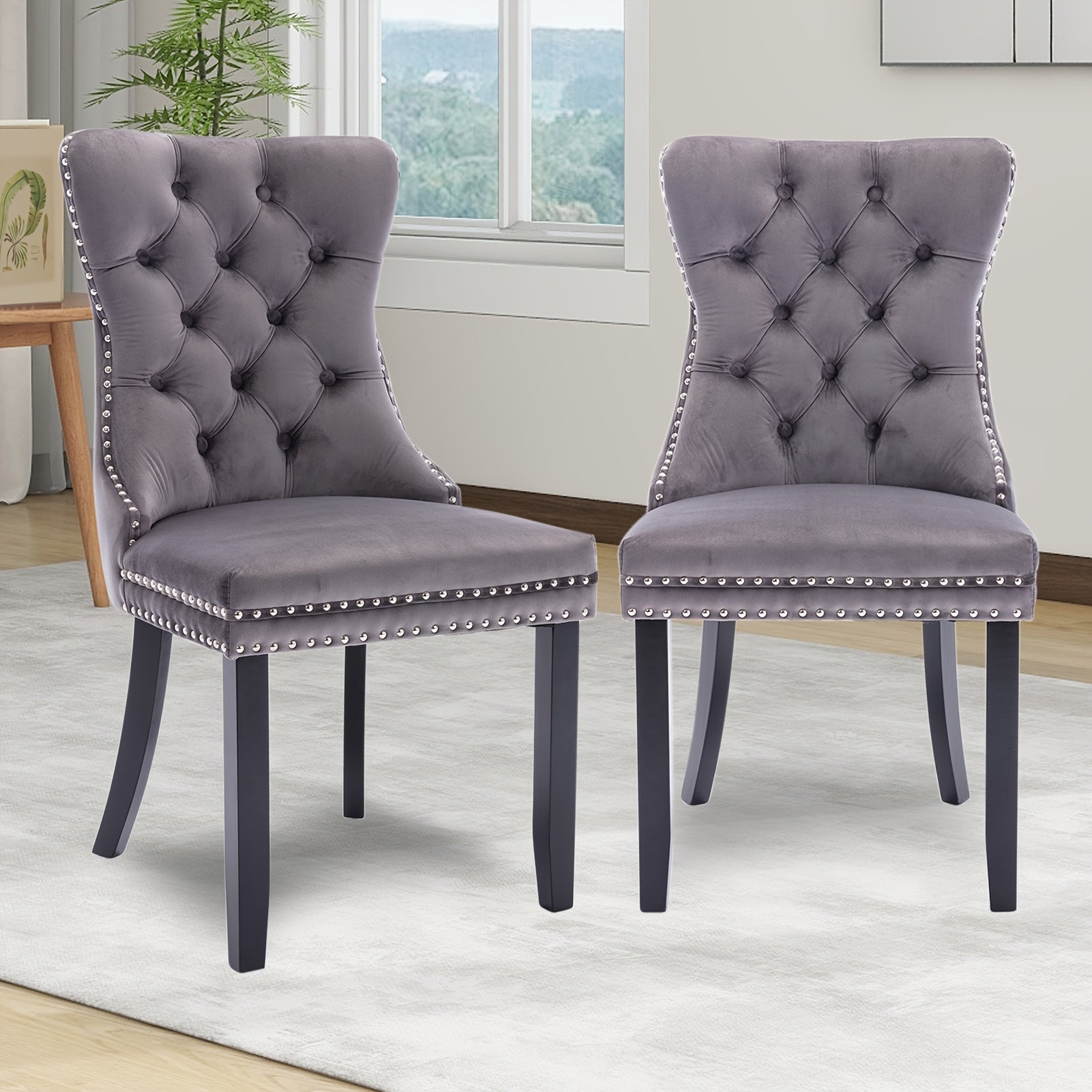 Set of 2 Elegant Velvet Wingback Dining Chairs with Ring Pull Trim and Button Back - Luxurious Tufted Upholstery, Ergonomic Design, Solid Wood Frame for Living Room, Bedroom, Kitchen, Chair for Living Room