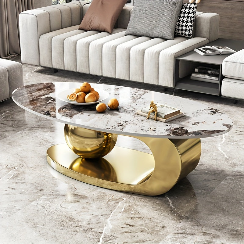 Exquisite Modern Oval Stone Coffee Table With Abstract Gold Gray Metal Base - Perfect Centerpiece For Stylish Living Rooms-Gold Gray 51" Lx27.6 Wx16.5 H.