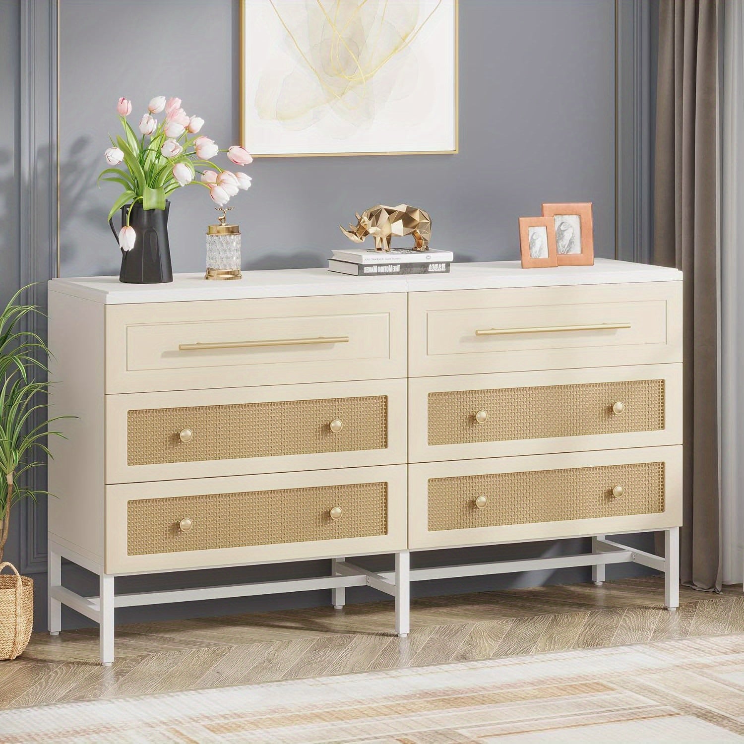 6 Drawer Dresser Modern Rattan Dresser for Bedroom 55 Inches Long Double Dresser Wood Storage Organizer Chest