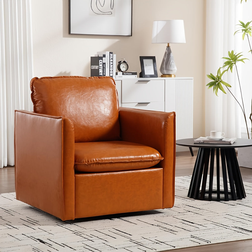 Chic Brown Swivel Accent Chair with Cozy Pillow - Mid-Century Style, Soft Faux Leather Armchair for Living Room, Bedroom, Office - 360° Rotating Single Sofa Reading Chair