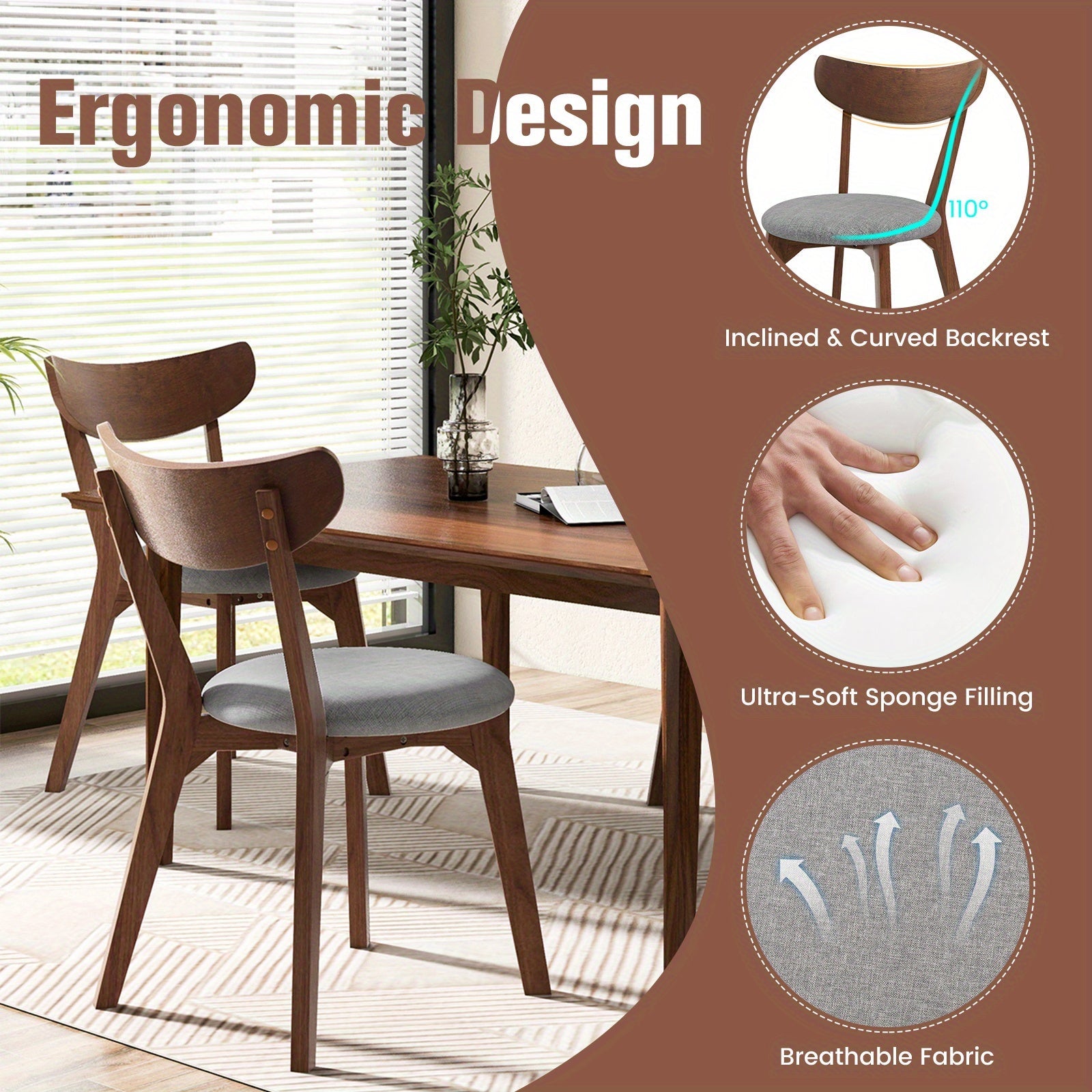 2pcs Dining Chair Upholstered Curved Back Side Chair with Solid Wooden Legs.