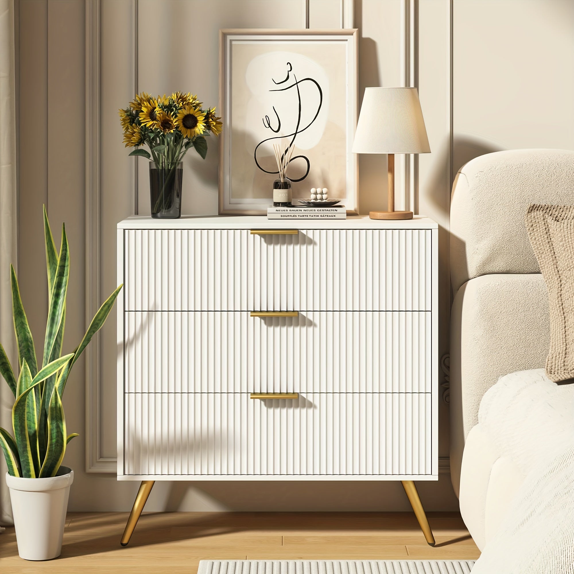 Fluted Accent 3 Drawer Dresser Mid Century Modern Chest of Drawers with Wide Drawers Metal Legs Storage Dressers Chest for Bedroom, Living Room