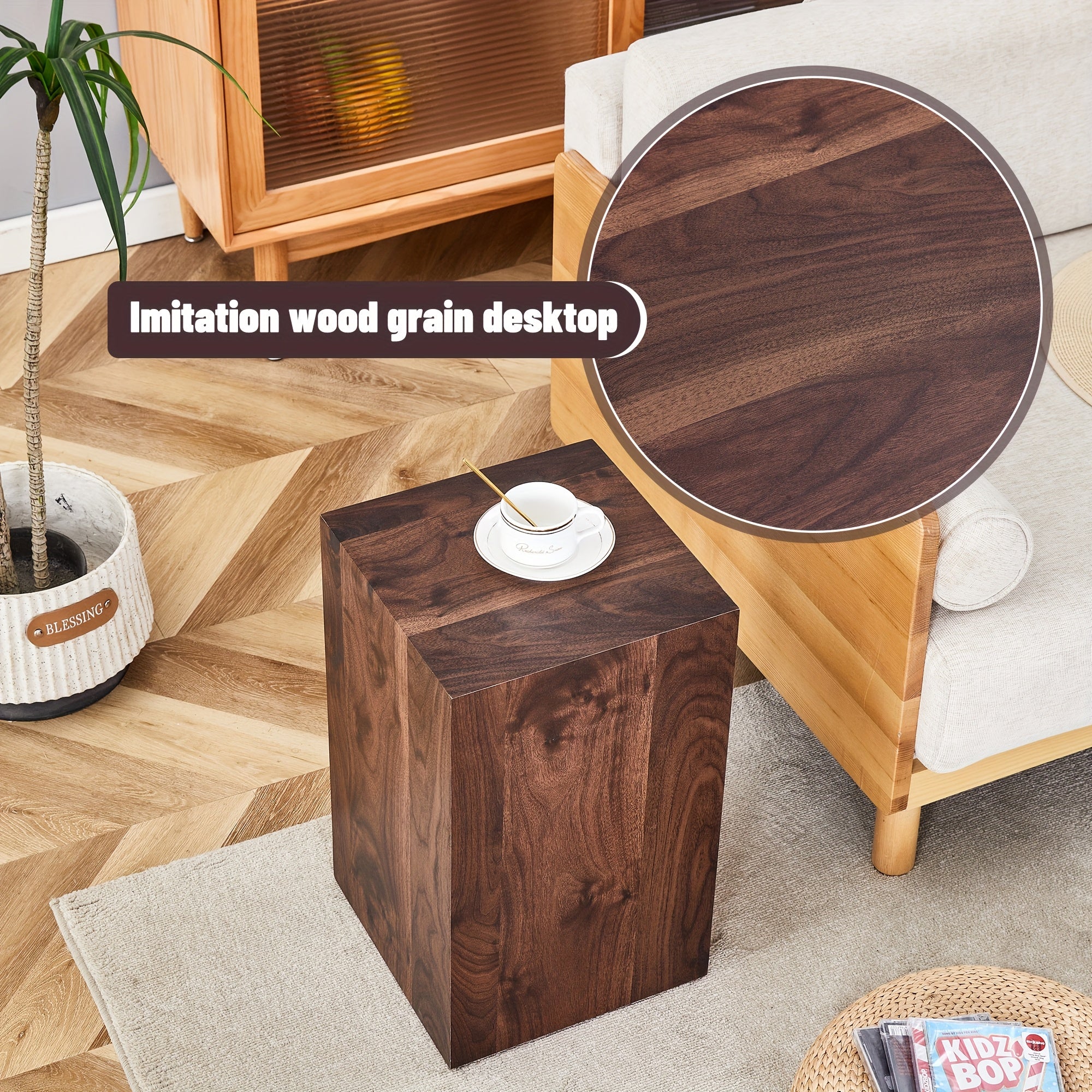 Cube End Table Wood Grain, Modern Side Table For Living Room, Contemporary Nightstand Table Sofa Table For Home, No Assembly, Clearance Furniture, Hot Sale Furniture, Christmas Gift