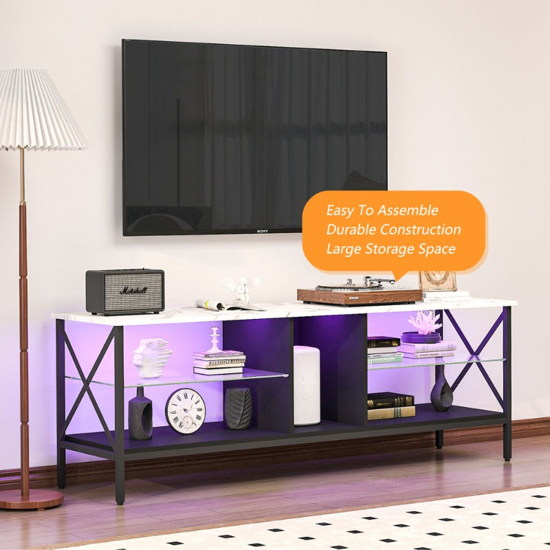 TV Stand, Iron TV Cabinet, Entertainment Center, TV Set, Media Console, with LED Lights, Remote Control, Toughened Glass Stand, Can Be Placed in The Living Room, Bedroom, Color:White with Marble Texture