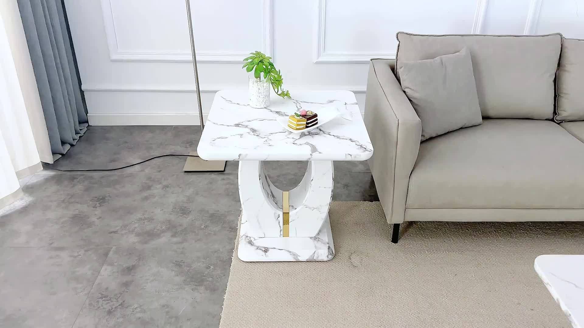 Modern Faux Marble Pattern Side Table with Golden Accents 23.6’’ Square Top Adjustable Foot Pads And Sturdy Base