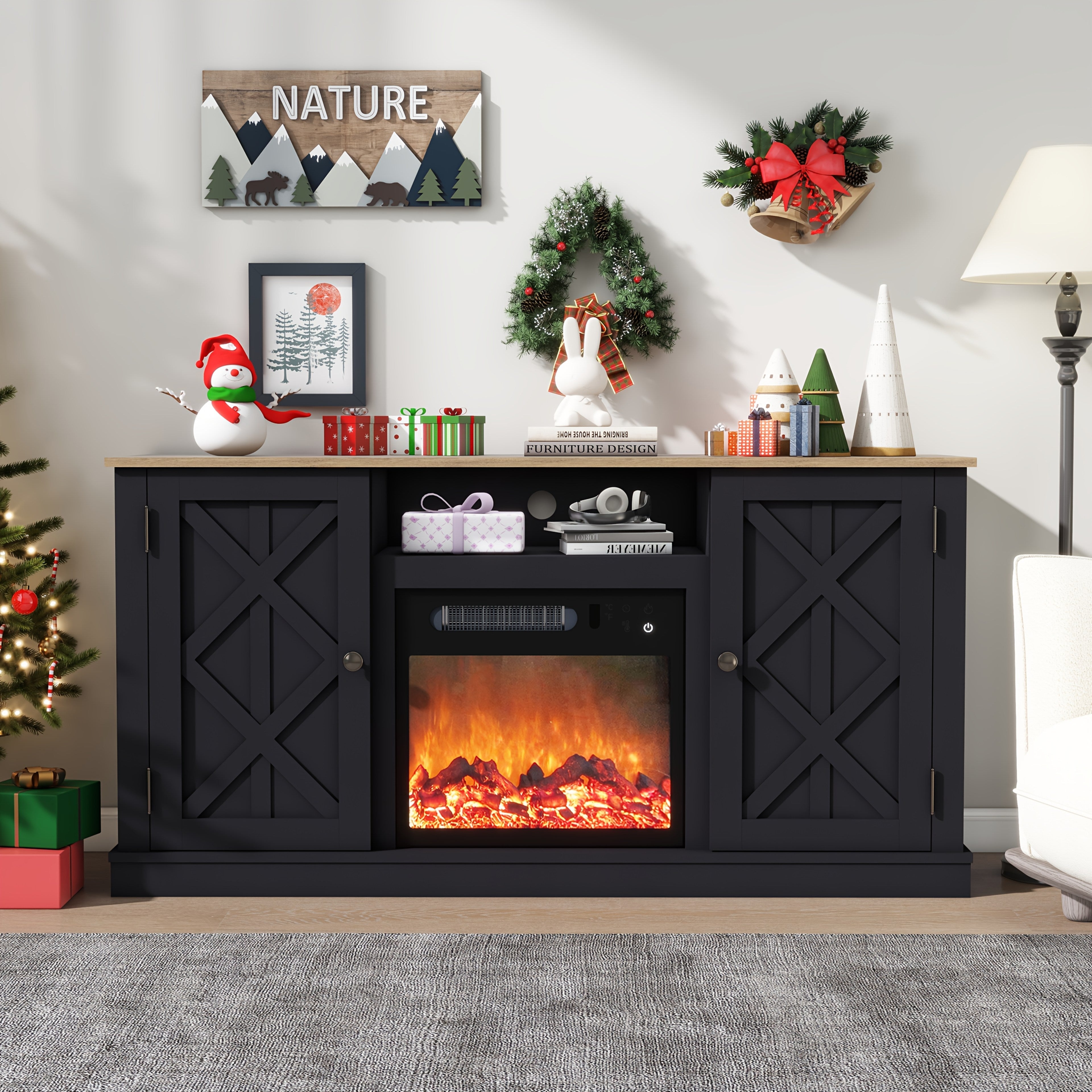 1pc Black Farmhouse 54" Entertainment Center with Electric Fireplace, TV Stand Console with Mantel, MDF Wood Construction, Barn Door Design, 110V US Plug, Easy Assembly, Storage <3.2 Cubic Feet