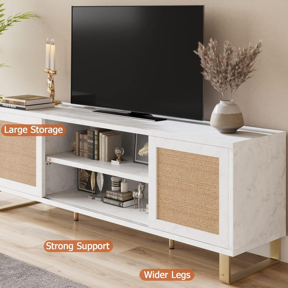 65" TV Cabinet, Rattan Entertainment Center Modern TV Console Table White TV Cabinet with Storage, Doors and Shelves, Easy To Assemble, Low TV Console Media Cabinet Furniture for Living Room Bedroom