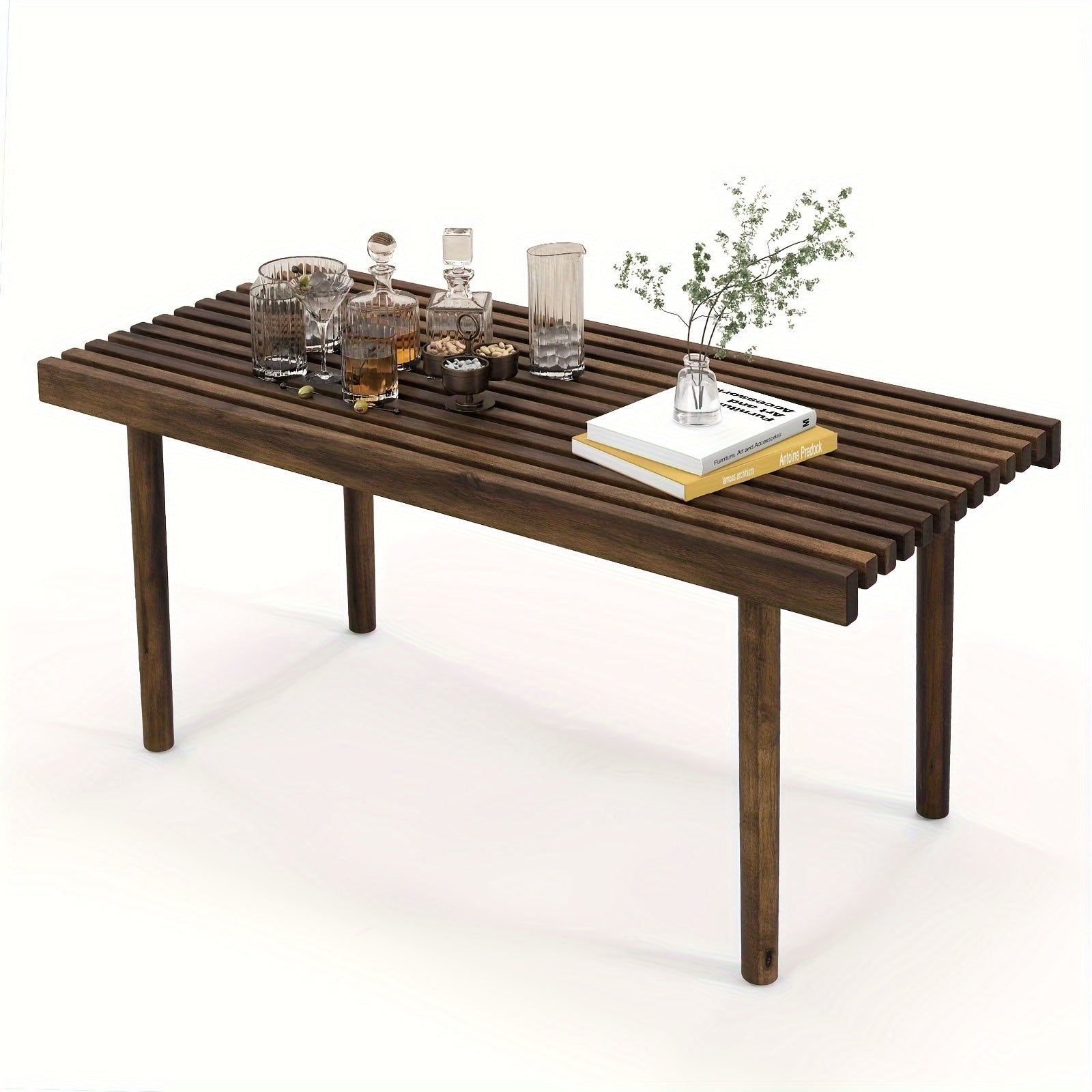 1pc 40 Inch Coffee Table, Wood Rectangle Cocktail Tea Table, Slatted Tabletop, Brown