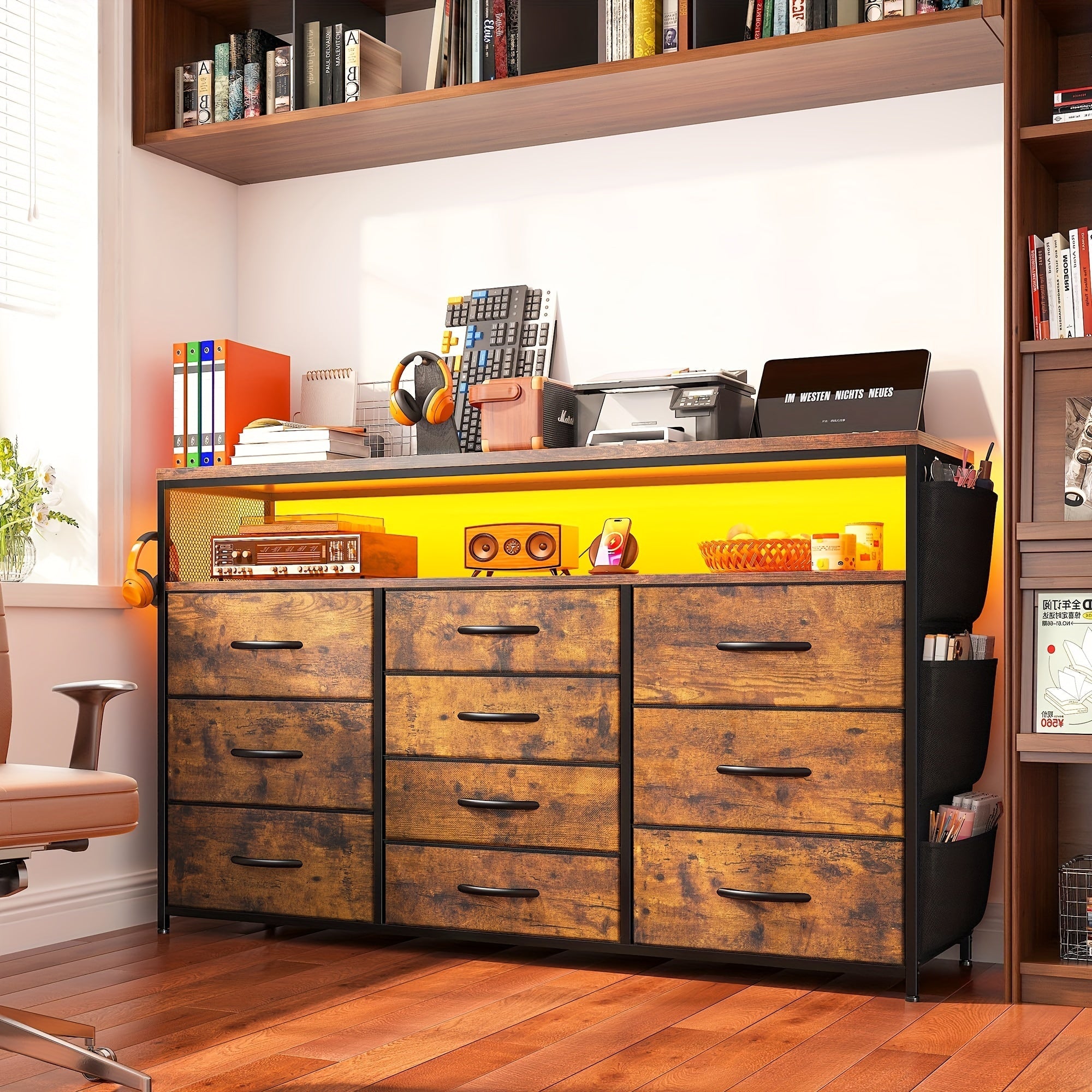 Dresser TV Stand With 10 Drawers For 140cm TV Stand For Bedroom With LED Lights & Power Outlets Wide Dresser