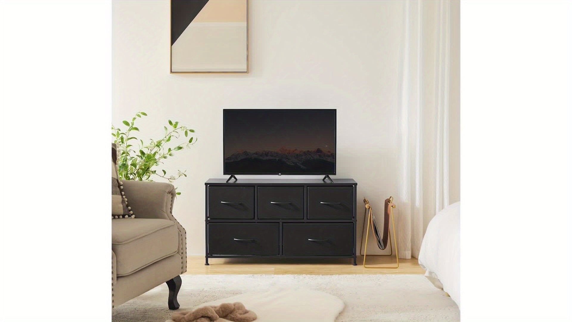 TV Stand Dresser For Bedroom Entertainment Center With 5 Fabric Storage Organizers Units Dorm 5 Drawers And Shelf Black