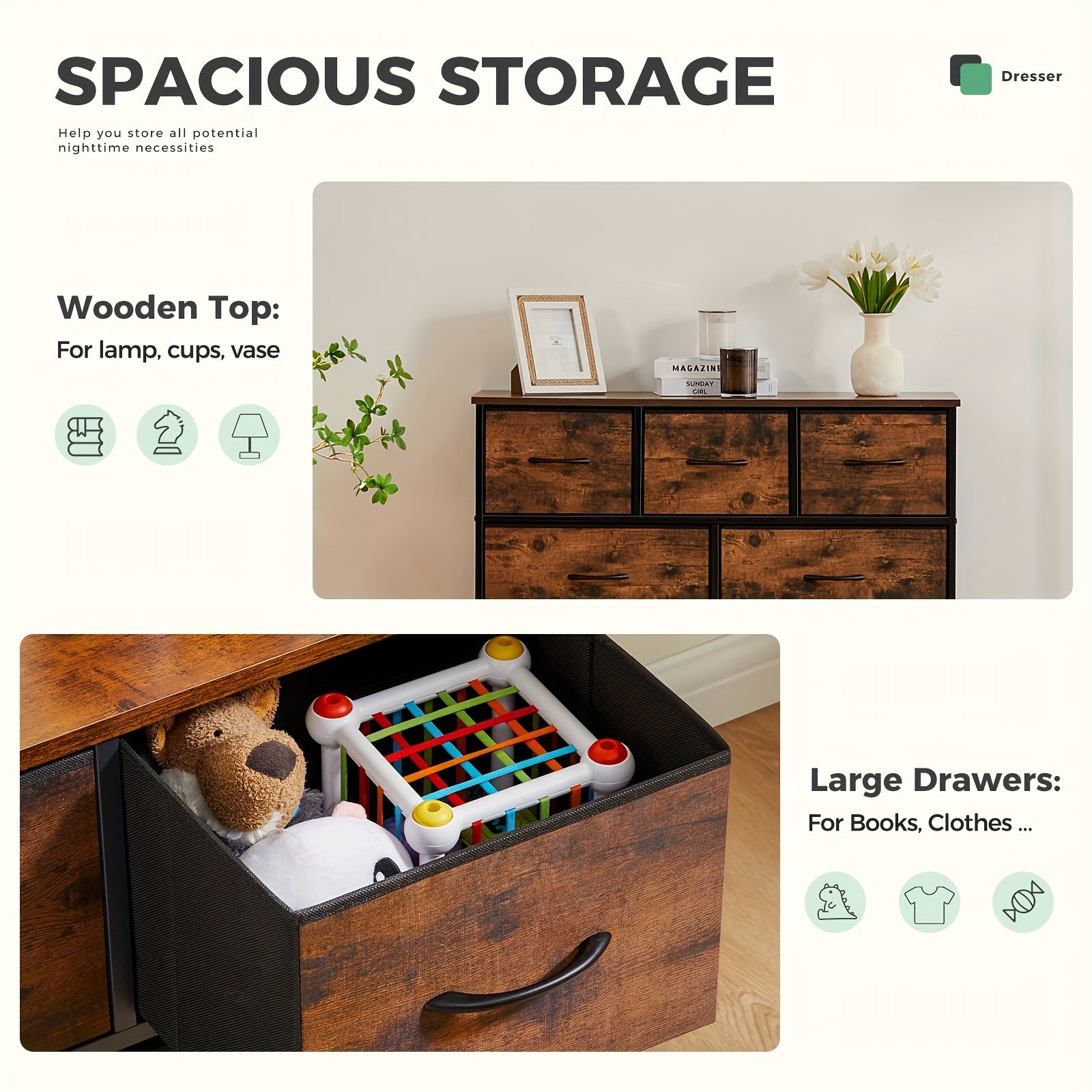 Dresser for Bedroom with 9 Drawers, Wide Chest of Drawers, Fabric Dresser, Storage Organizer Unit with Fabric Bins for Closet, Living Room, Hallway