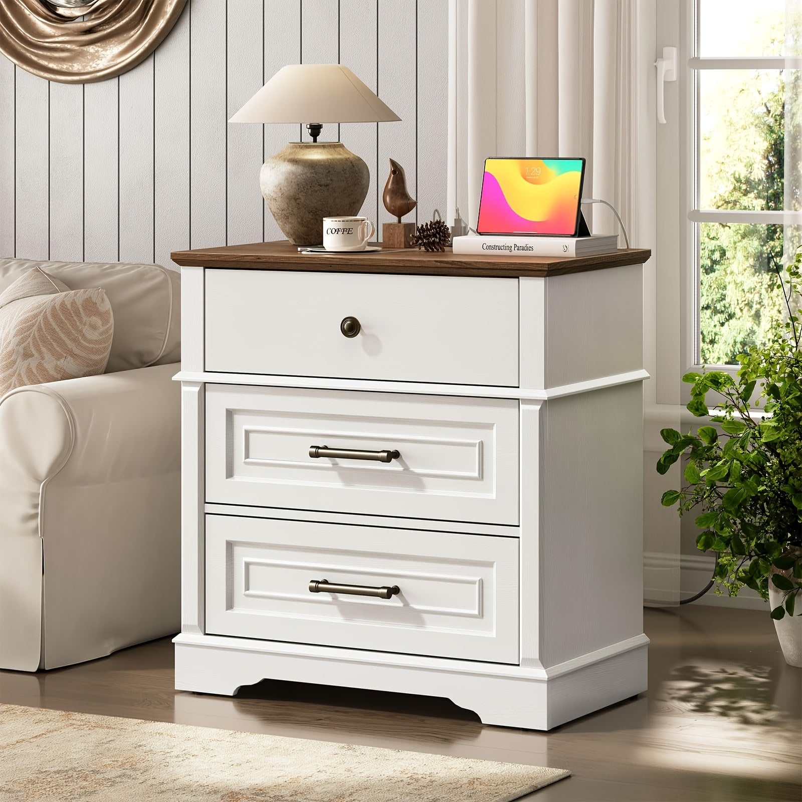 Large Nightstand with Charging Station, 27.6 Inch Wide End Table with 3 Drawers, Tall Bedside Table/Side Table, Farmhouse 3 Drawer Dresser for Bedroom, White And Walnut