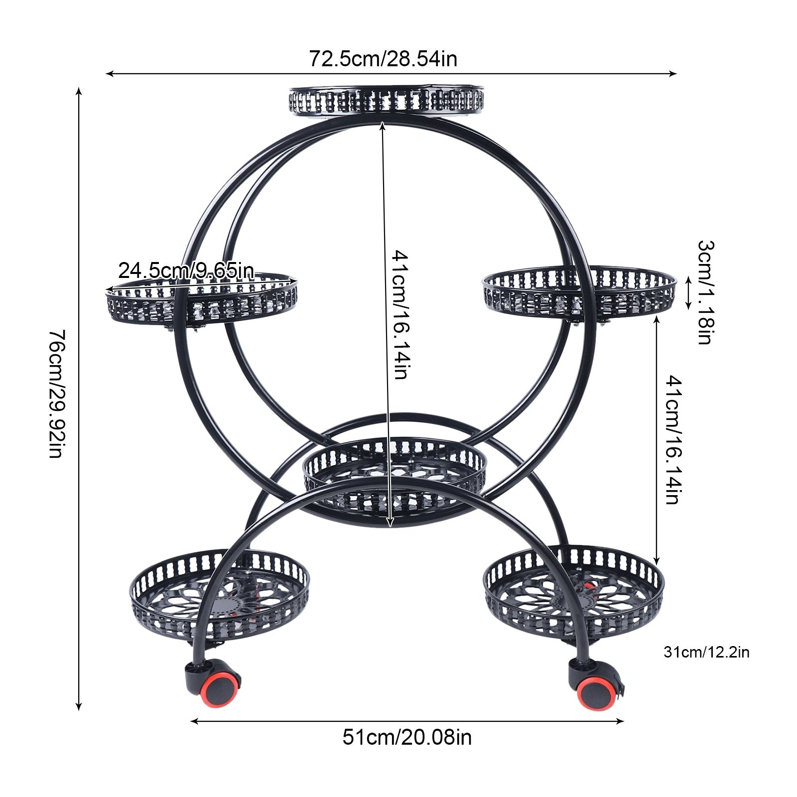 Modern 6-Tier Iron Plant Stand with Wheels - Indoor/Outdoor Flower Pot Rack Display Shelf, Black