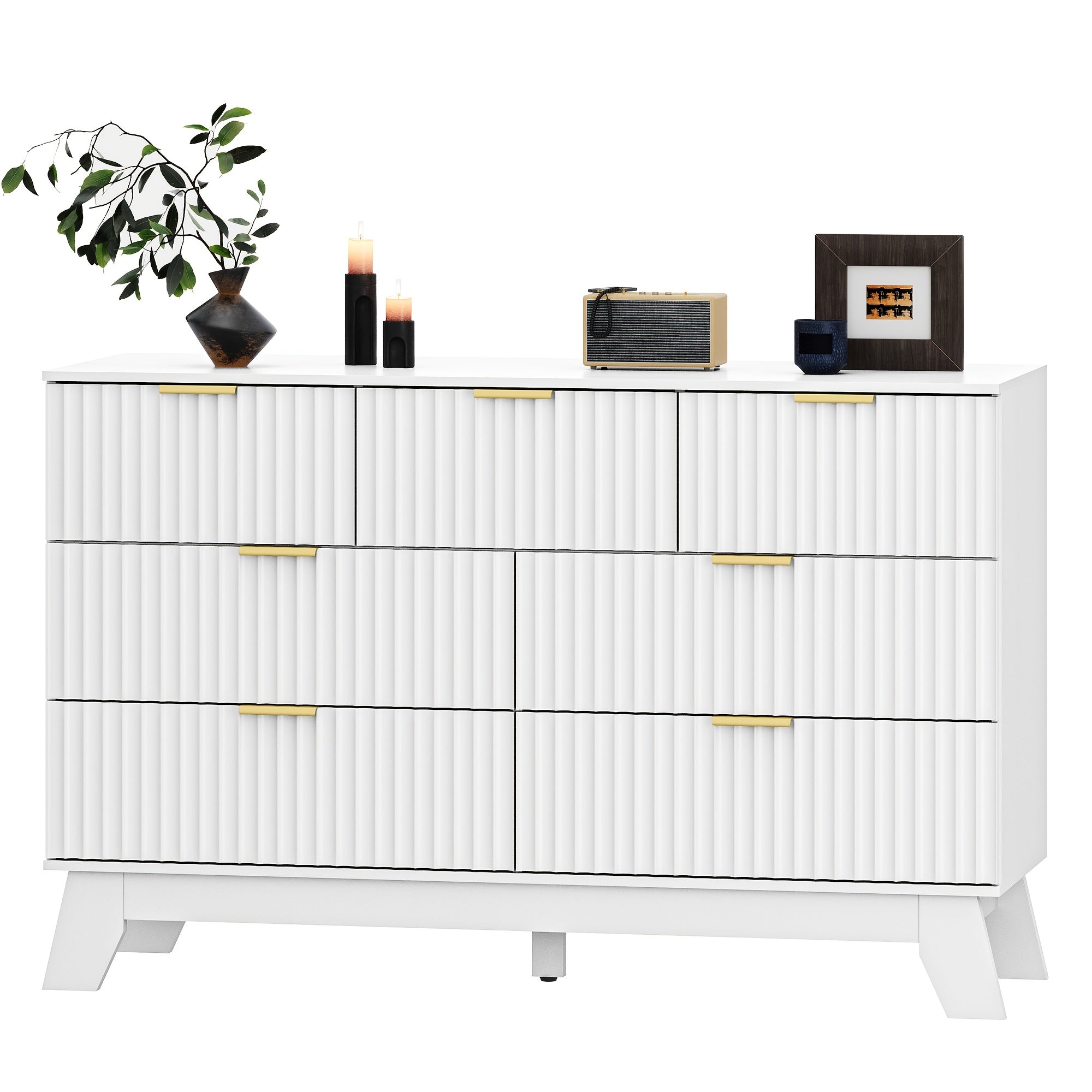 Elegant 7-Drawer White Wood Dresser with Golden Handles - Modern Fluted Design, Medium-Density Fiberboard, Sleek Black Interior for Bedroom & Entryway Storage, Dresser for Bedroom, HUANLEGO