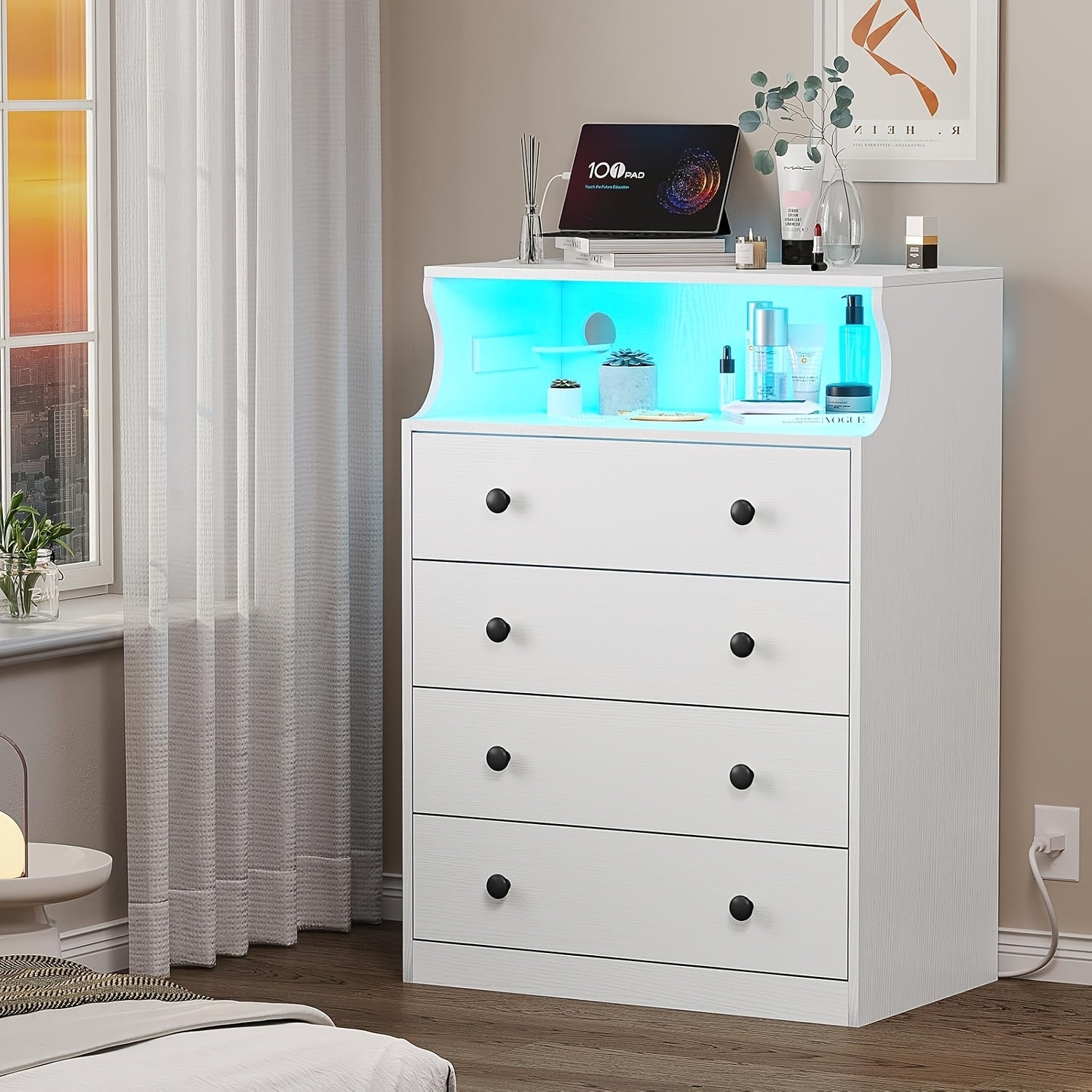 LED Dresser with 4 Large Drawers and Open Space Large Capacity Tall Storage Cabinet. - White - Dresser Westberry