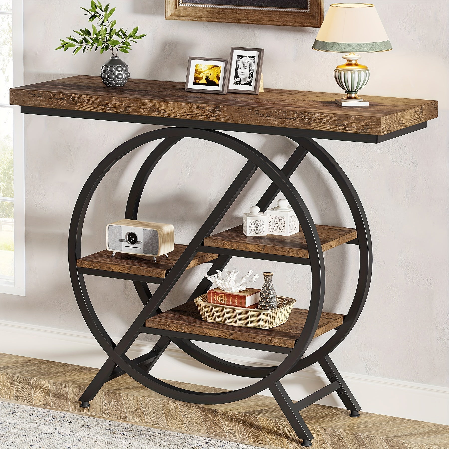 39.4-Inch Console Table With Thickened Tabletop, 4-Tier Industrial Narrow Sofa Table With Geometric Metal Frame For Living Room, Entryway, Hallway