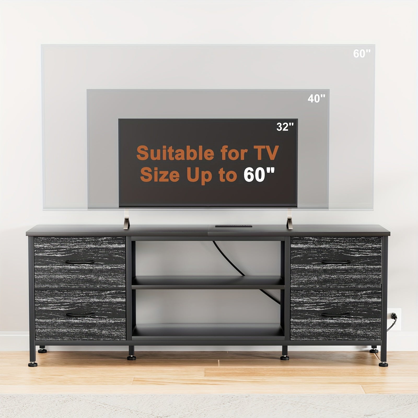 Dresser TV Stand, Entertainment Center Power Outlet With Fabric Drawers, Media Console Table With Metal Frame And Wood Top For TV Up To 60 Inch, Chest Of Drawers For Bedroom