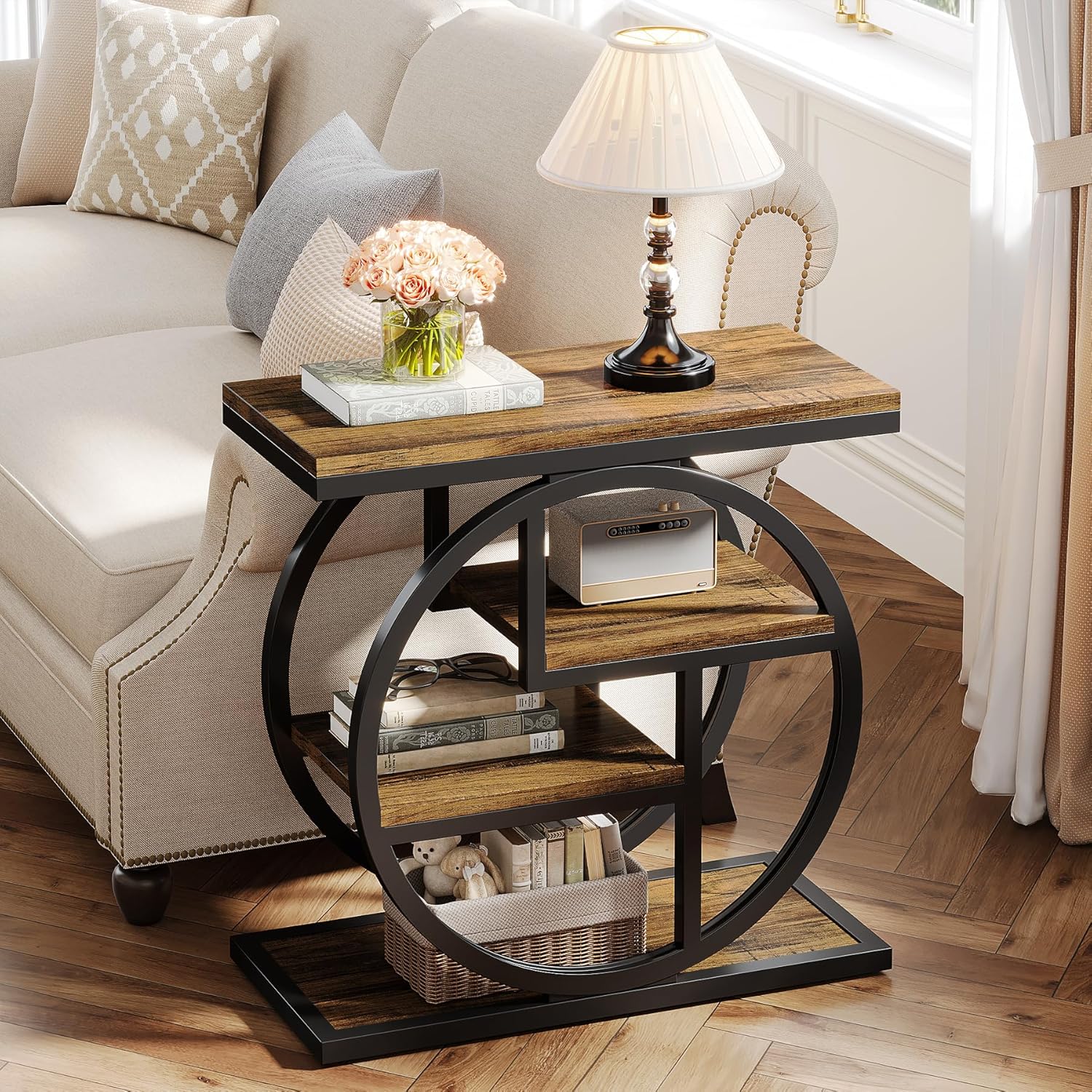 End Table for Living Room, 4-Tier Narrow Side Table with Storage Shelves, Modern Bedside Table for Bedroom, Wood Small Sofa Side Table with Geometric Metal Frame (1 PC)