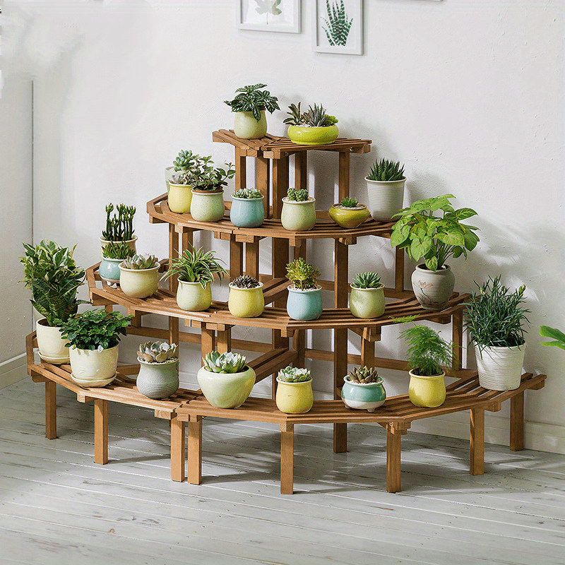 Multi-Tier Wooden Flower Stand for Balcony, Indoor and Outdoor Use - Floor-to-Ceiling Plant Rack with Storage Shelves, Irregular Shape