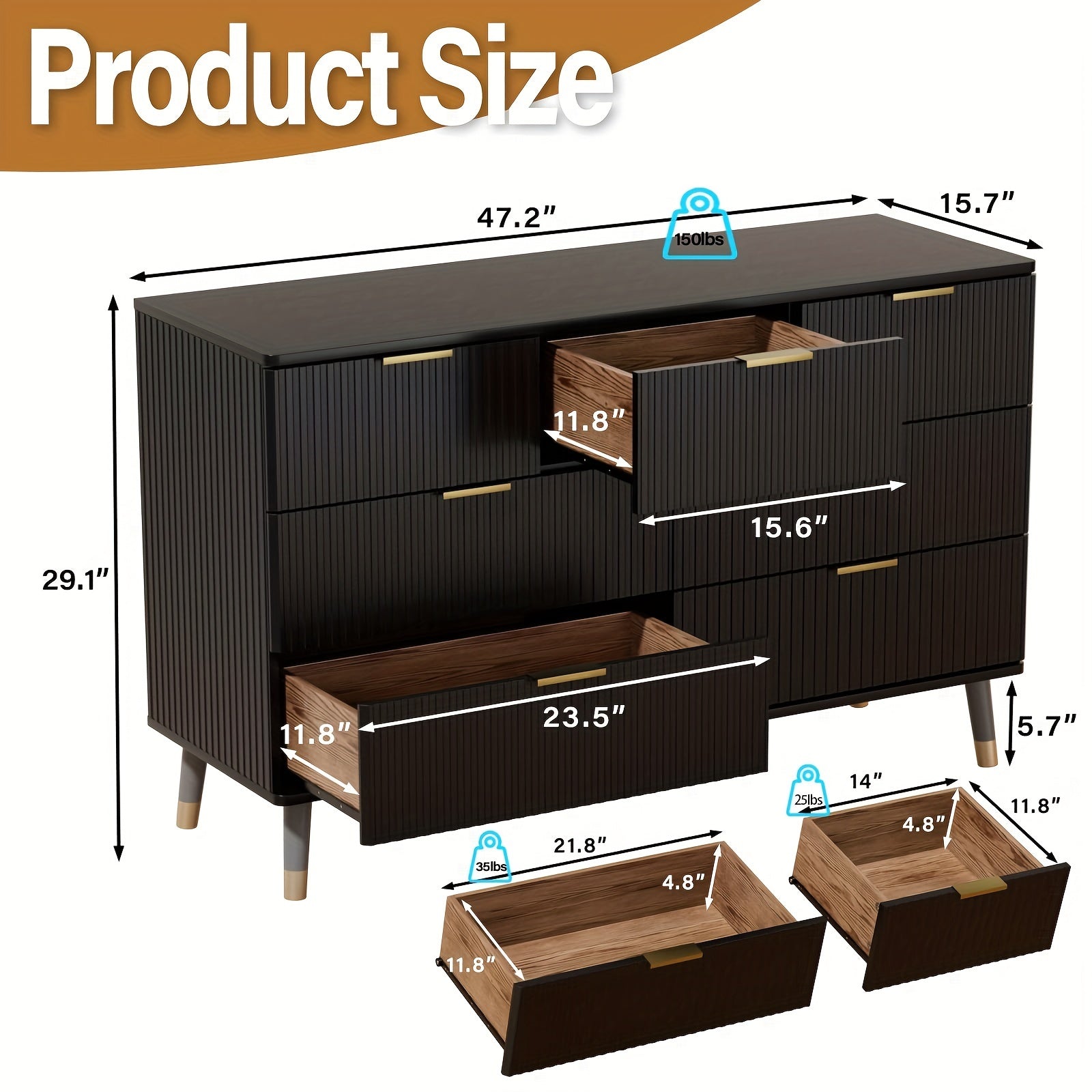 7 Drawer Dresser for Bedroom with Fluted Panel, With Golden Dresser Handles, Modern Chests of Drawers for Hallway, Entryway