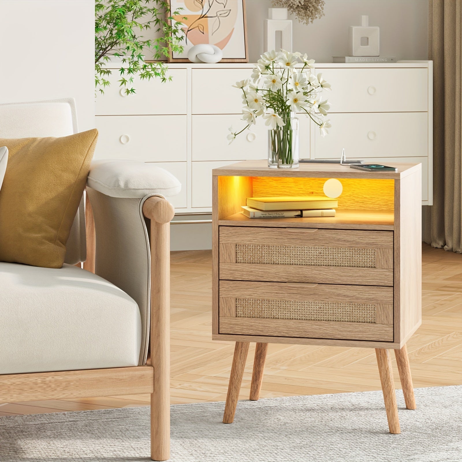 Side Table With 2 Drawer, Skinny Nightstand Table Narrow Side Sofa Table For Small Spaces, End Table With Storage For Living Room