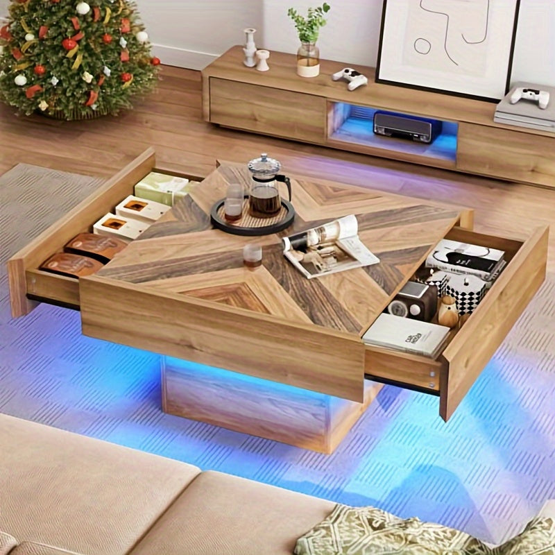 Farmhouse LED Coffee Tables Square Center Table with Storage for Living Room, Brown