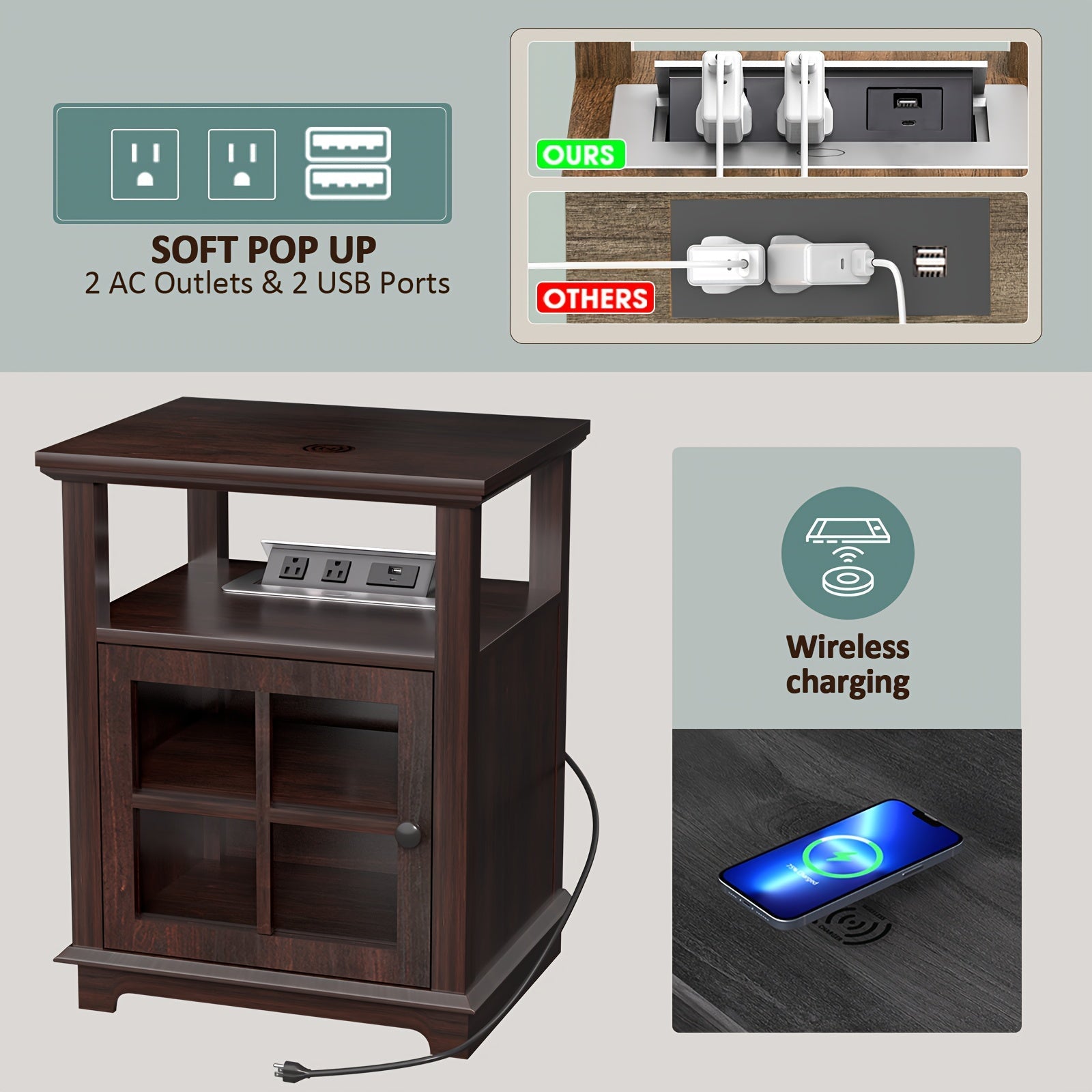 End Side Table with Charging Station, Wireless End Table, Nightstand with Adjustable Storage Shelf for Bedroom, Living Room