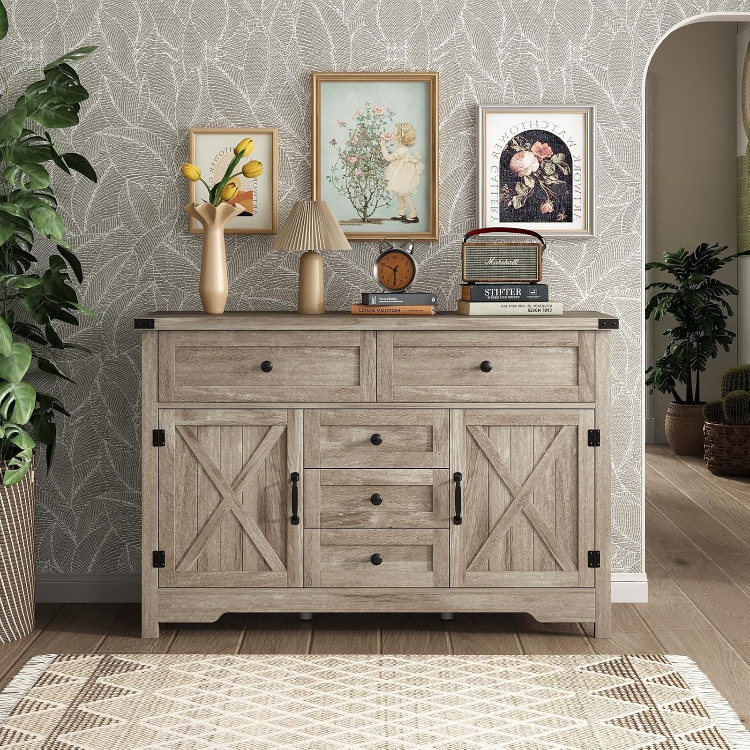 Solid Wood Farmhouse Dresser Chests for Bedroom with 5 Drawers & 2 Barn Doors Tall Chest of Drawers Rustic Dresser TV