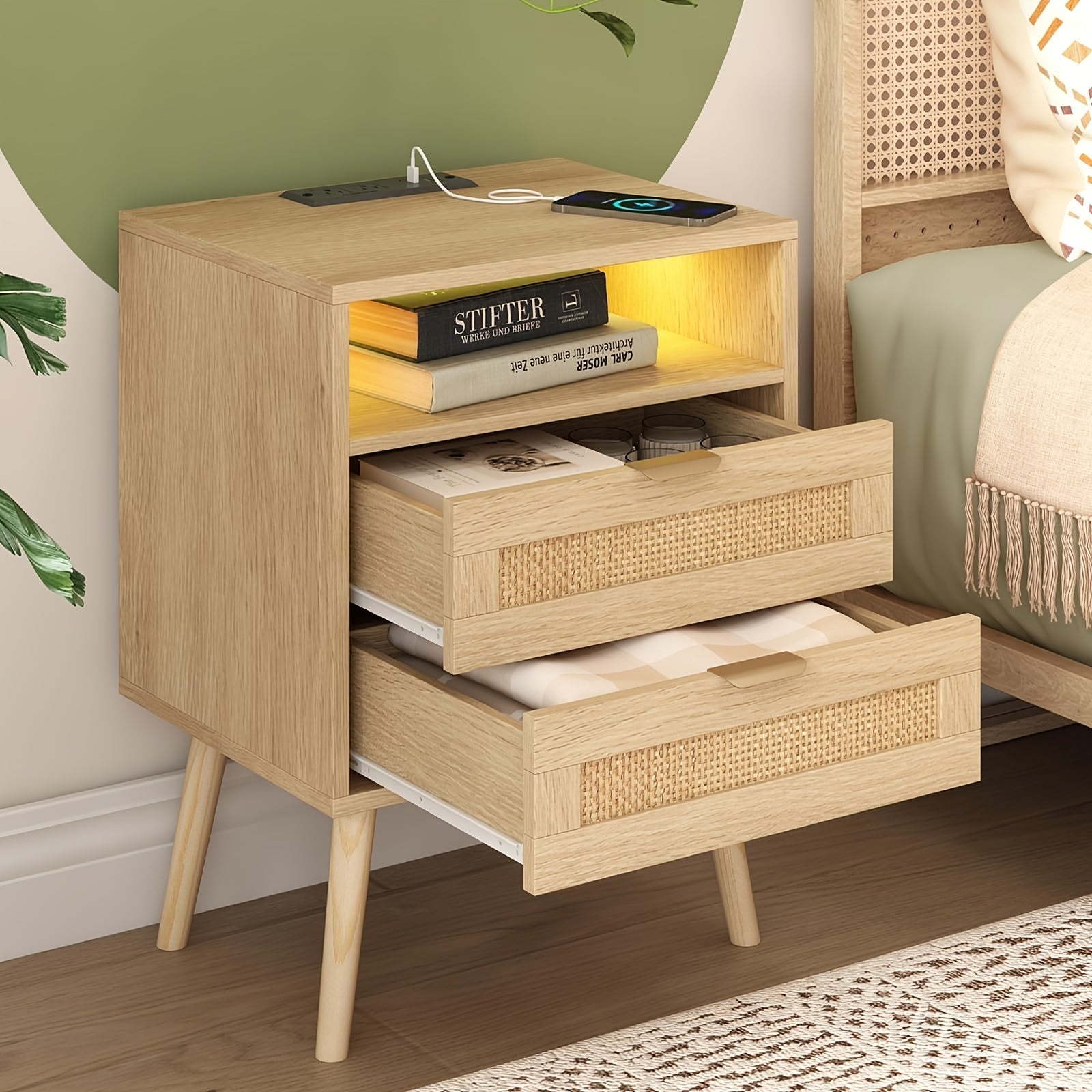 2-piece Rattan Bedside Table Set With Charging Station And LED Lights, Coffee Table With 2 Drawers And Wooden Legs, Bedroom Side Table, Living Room Bedside Table