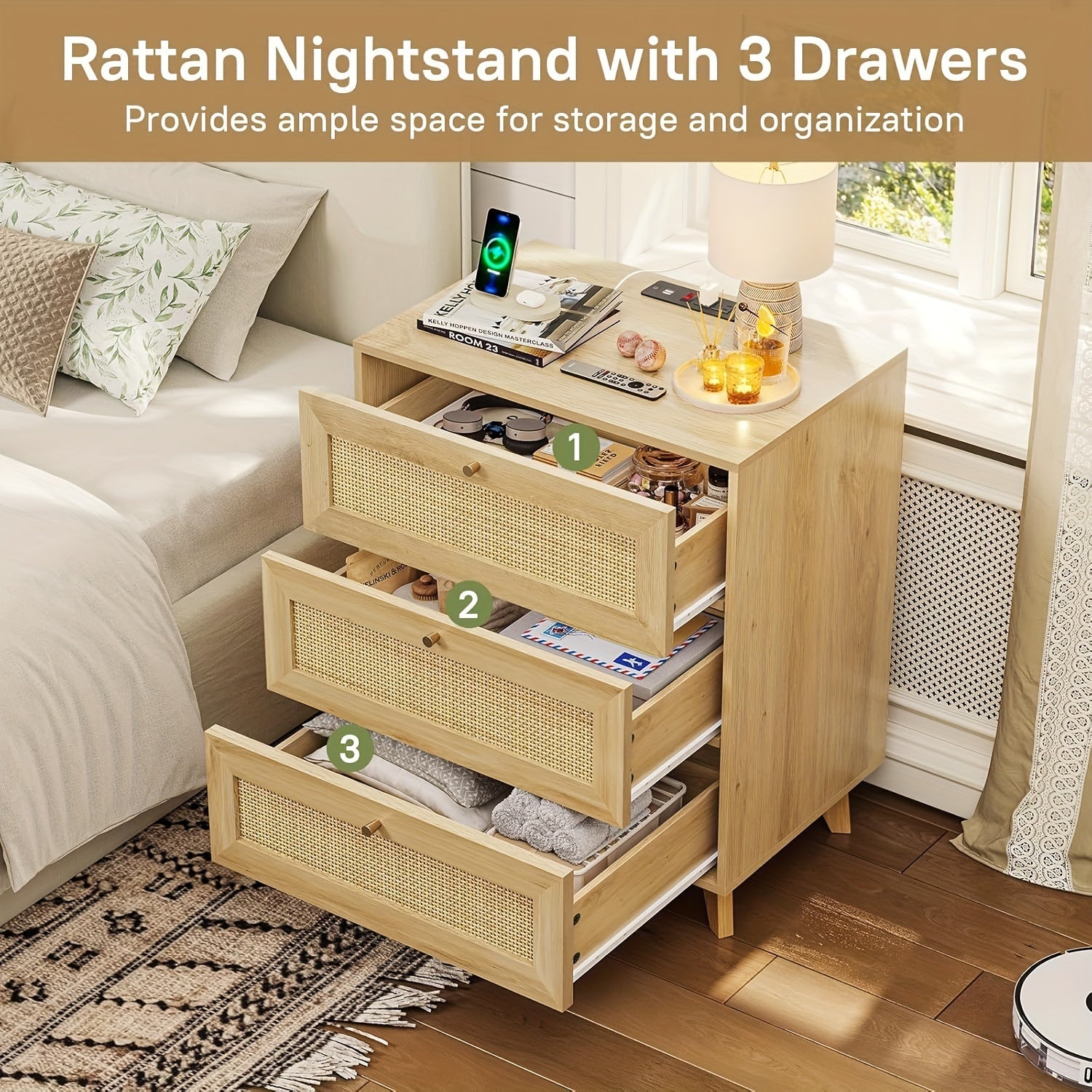 Rattan Nightstand With 3 Drawers Bedside Table With Metal Handle End Side Table For Bedroom