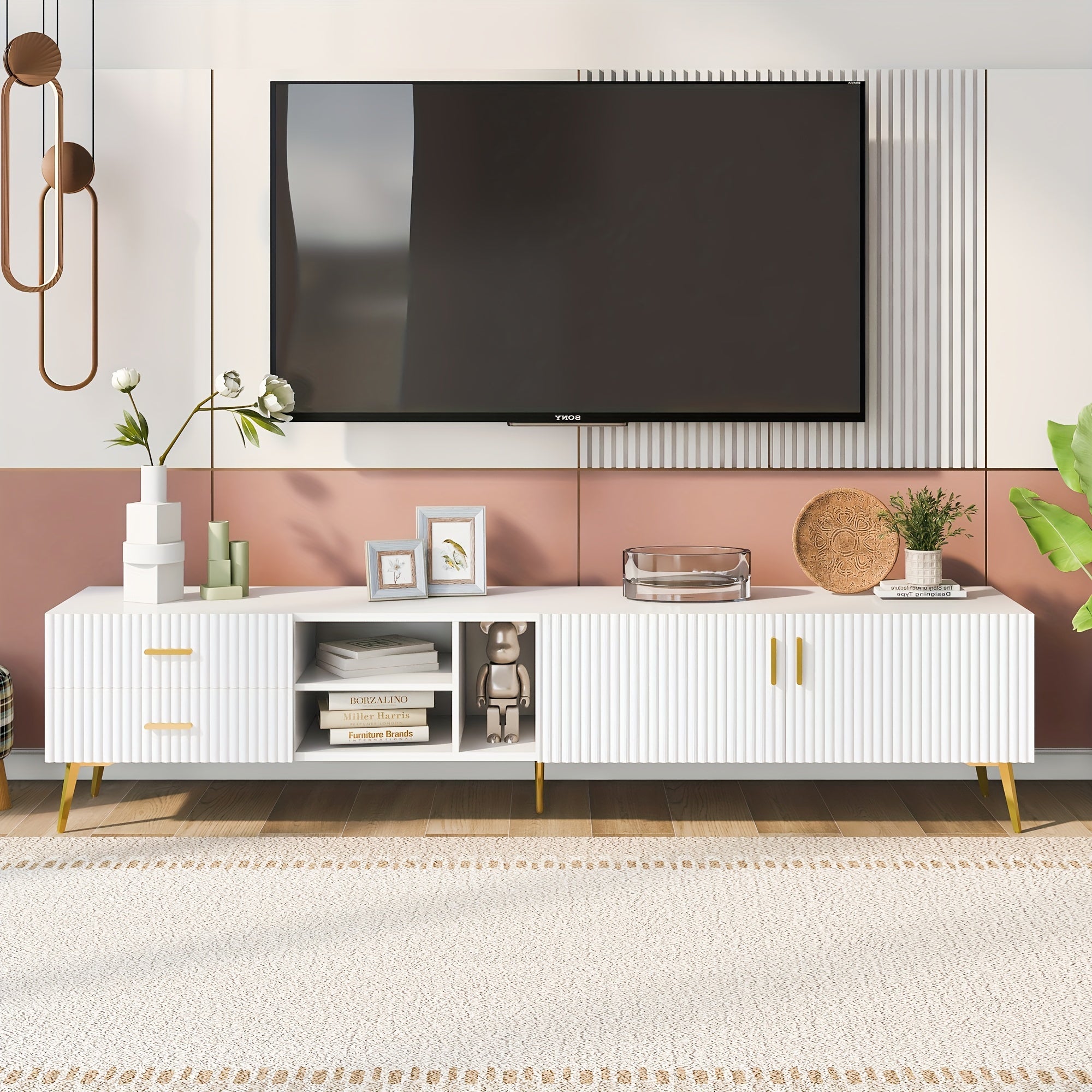 Modern TV Stand, Suitable For TVs Under 75 Inches, Storage Cabinet With Drawers And Cabinets, Wooden TV Console Table With Metal Legs And Handles For Living Room, White