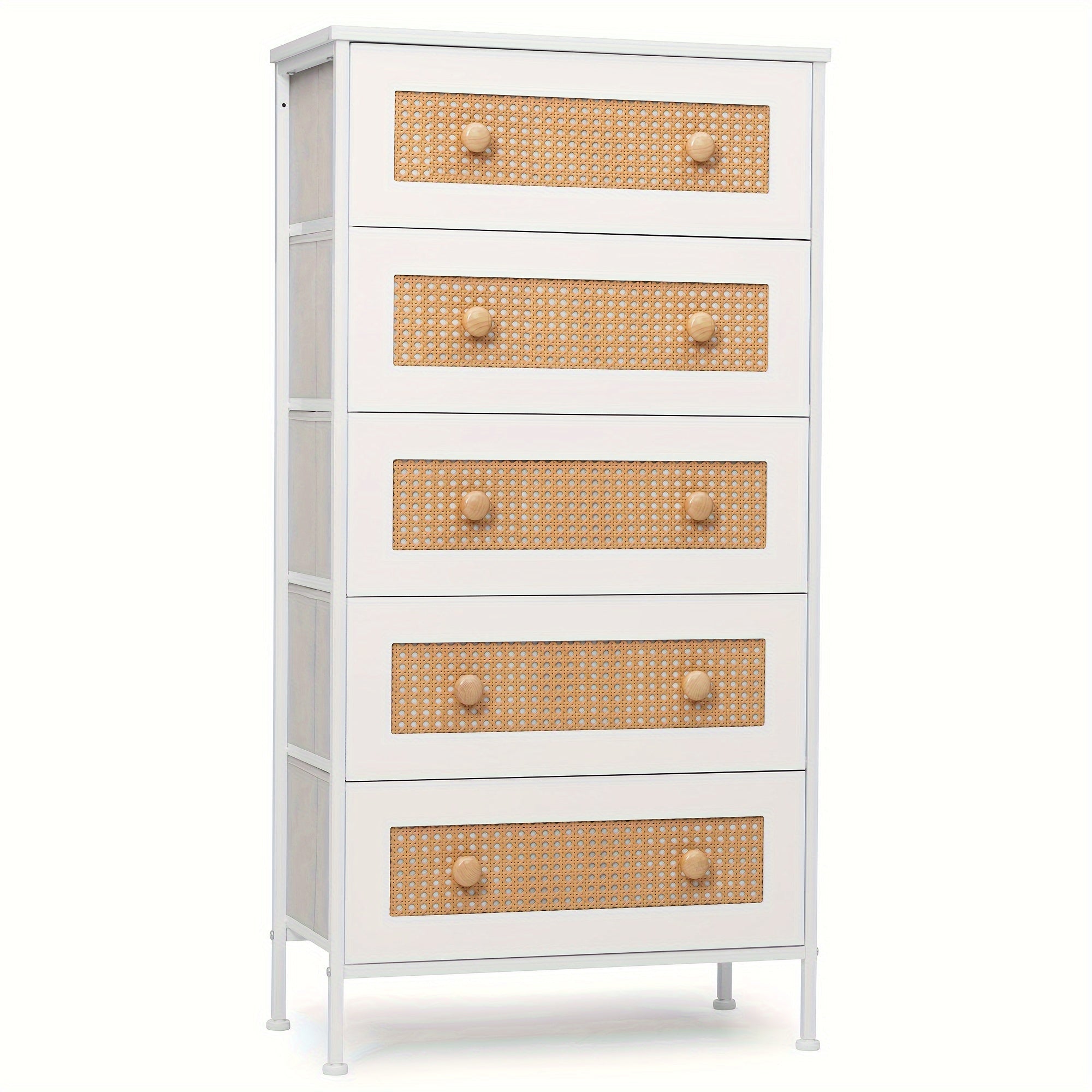 Rattan Dresser Storage Tower, Tall Fabric Dresser, Chests of Drawers, Wood Top &Wood Handles - Organizer Unit for Bedroom, Hallway, Entryway, Closets - 5 Drawers