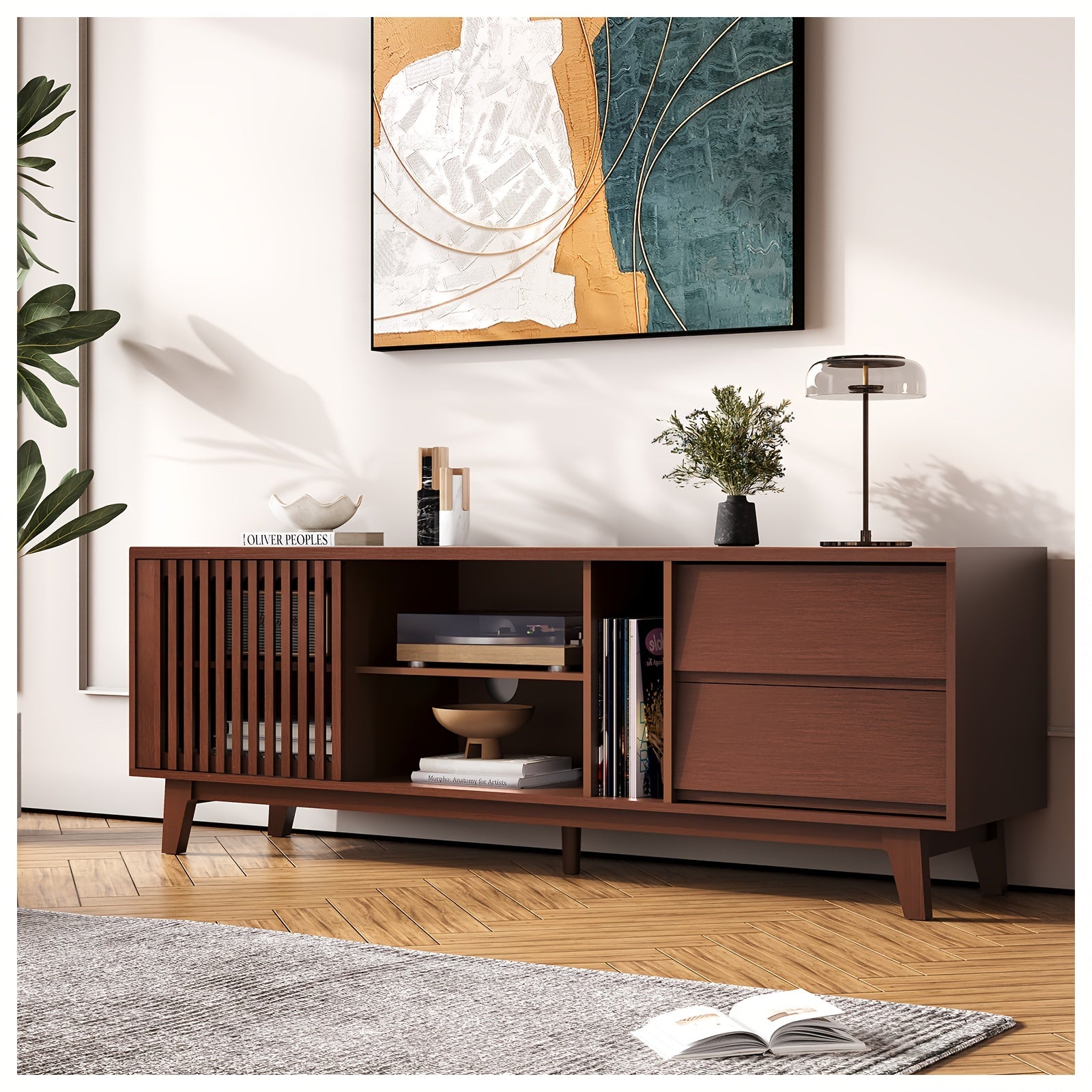 TV Cabinet for 75-inch and above TVs, with 2 drawers in medieval modern design, including storage cabinet in entertainment center, large retro media console, suitable for 66-inch long TV cabinet in living room - Walnut color