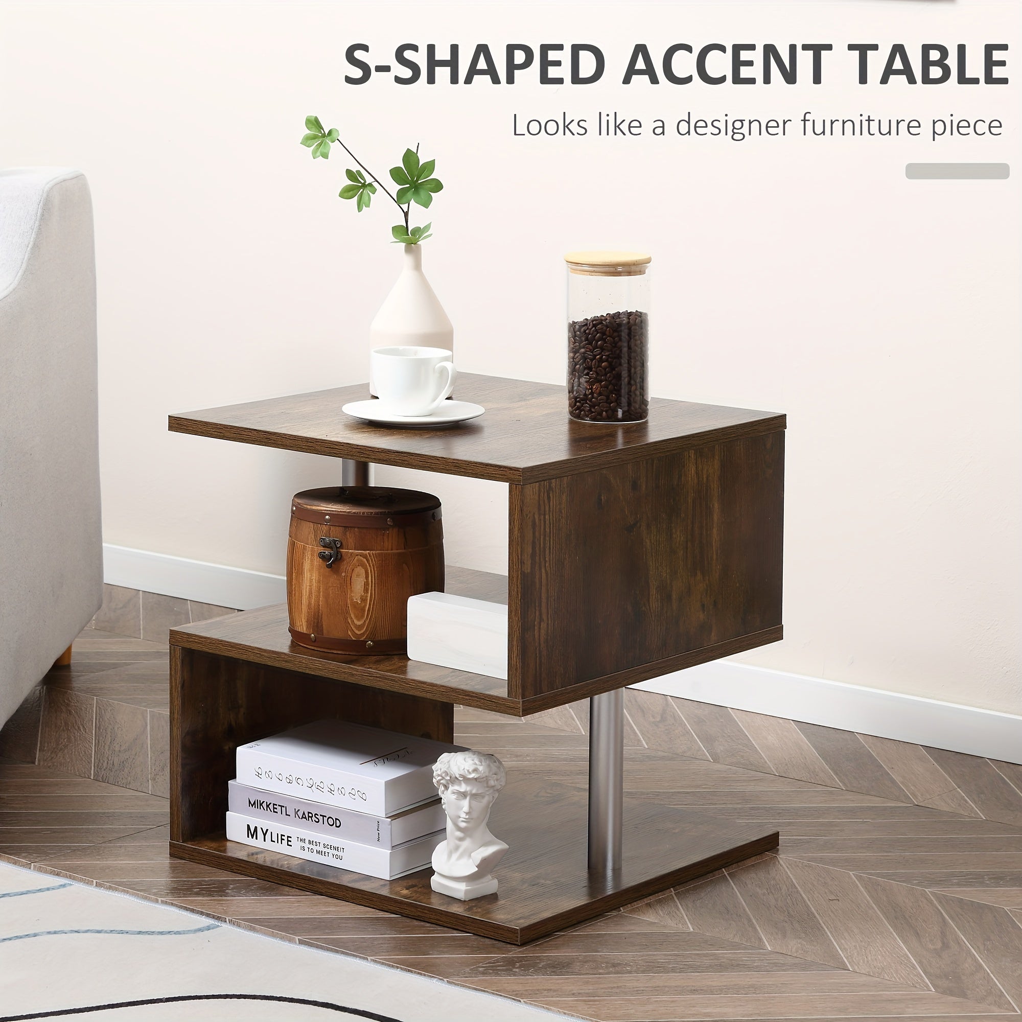 20" Modern End Table, Accent Side Table, S-Shaped Coffee Table With Storage Shelf And Steel Poles, Rustic Brown