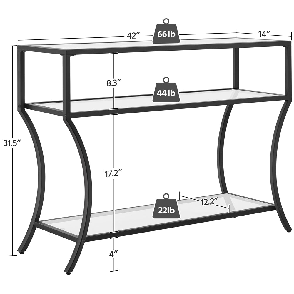 42 Inch 3-Tier Tempered Glass Console Table,Modern Glass Sofa Table, Entryway Table with Lower Shelf,Black