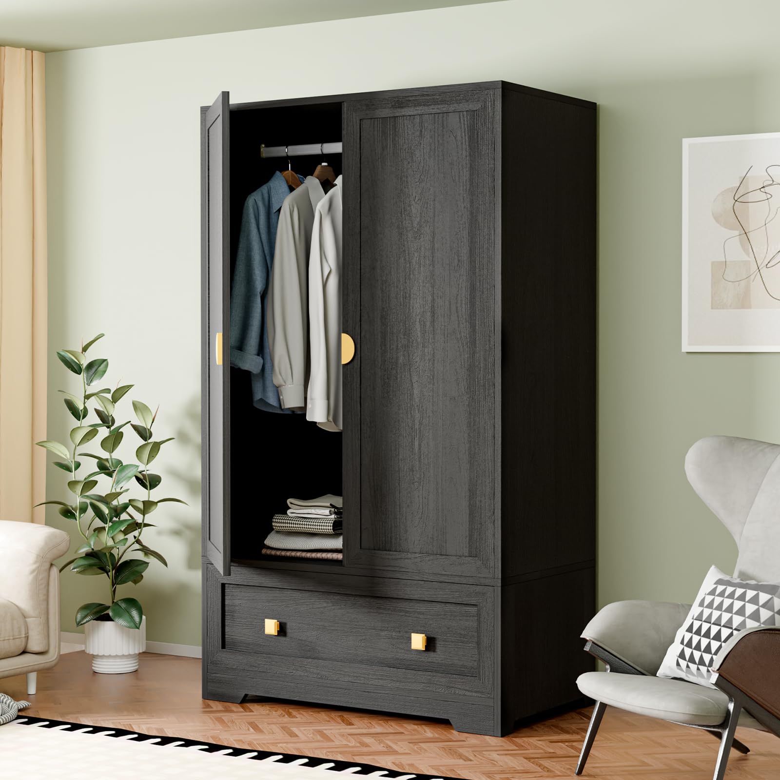 Wide Armoire Wardrobe Closet with Shelves, Hanging Rod and Drawers, Freestanding Closet Wardrobe Cabinet, Armoires and Wardrobes with Doors for Bedroom, Dorm