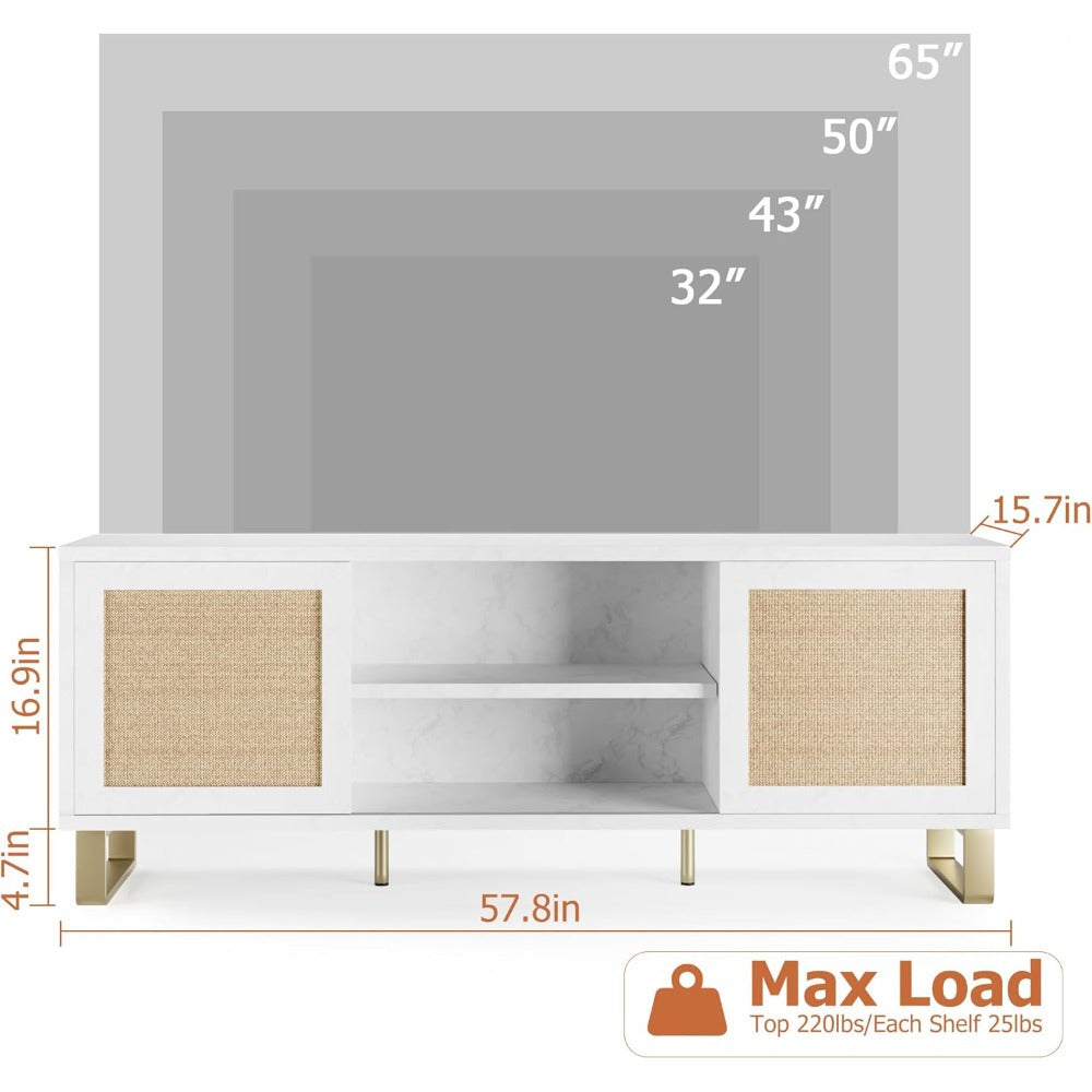 65" TV Cabinet, Rattan Entertainment Center Modern TV Console Table White TV Cabinet with Storage, Doors and Shelves, Easy To Assemble, Low TV Console Media Cabinet Furniture for Living Room Bedroom