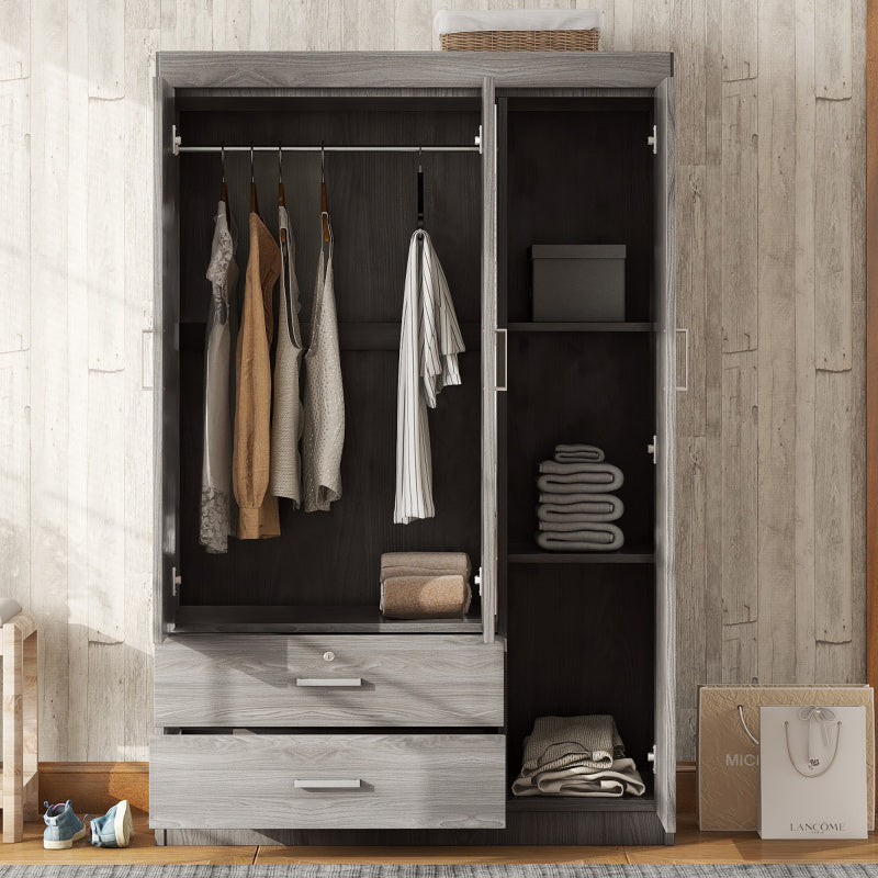 3 Door Wardrobe Gray Storage Closet with Adjustable Shelves Hanging Rod