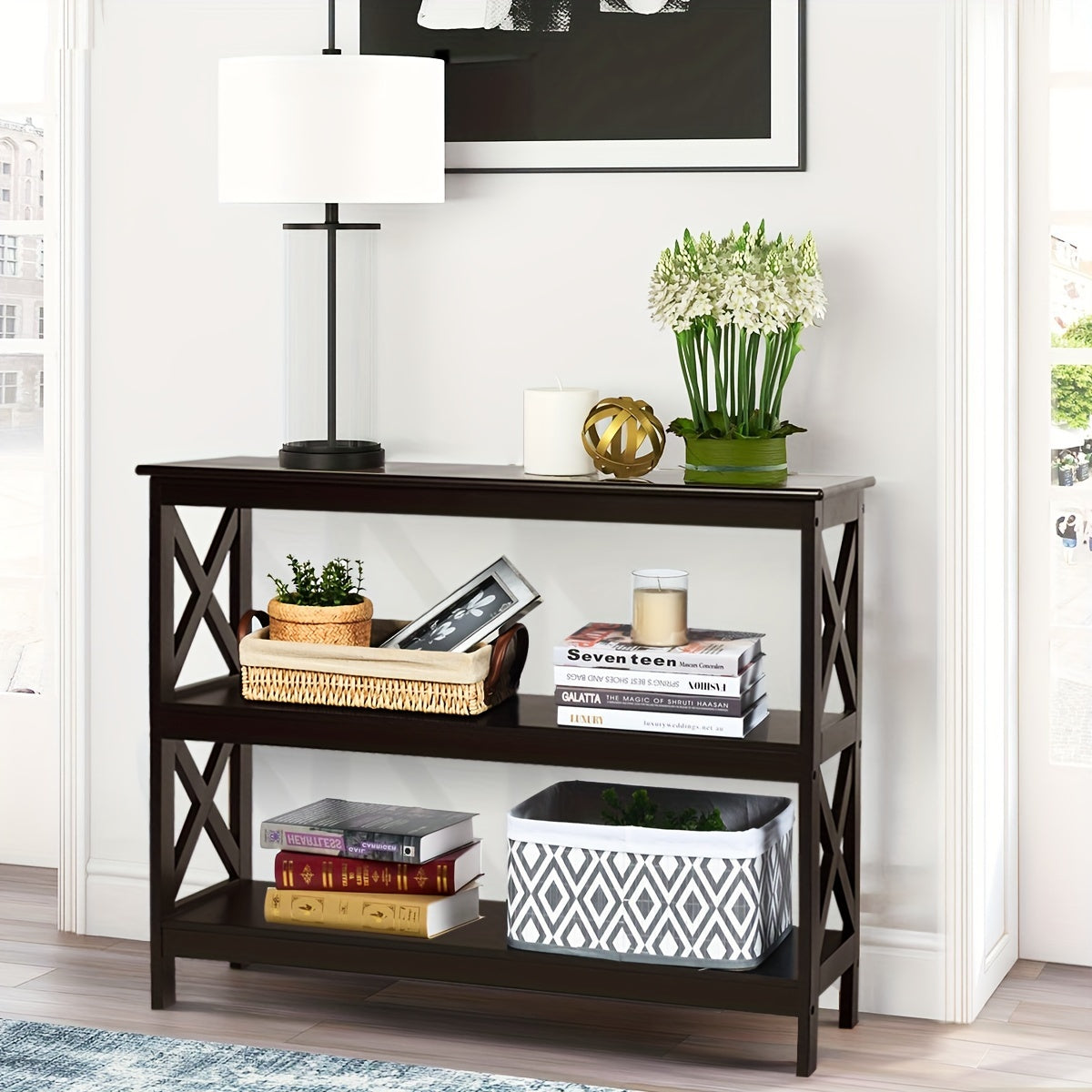 3-Tier Console Table X-Design Bookshelf Sofa Side Accent Table w/Shelf Espresso