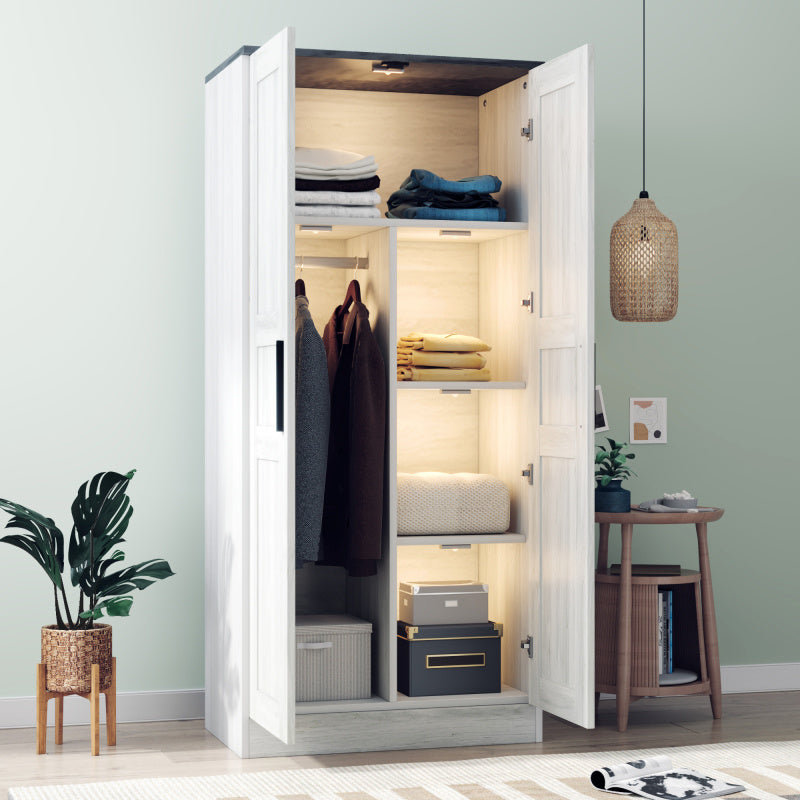 2-Door Wooden Wardrobe Armoire with and 4 Storage Shelves, Grey, Portable Closets