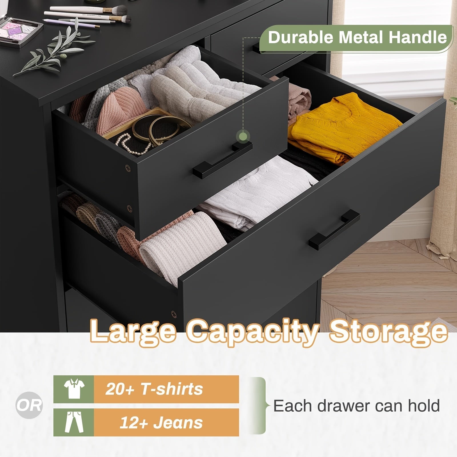 Bedroom Dressing Table 6 Drawer Chest Large Capacity Storage Cabinet Tall Dressing Table For Bedroom Hallway Entryway