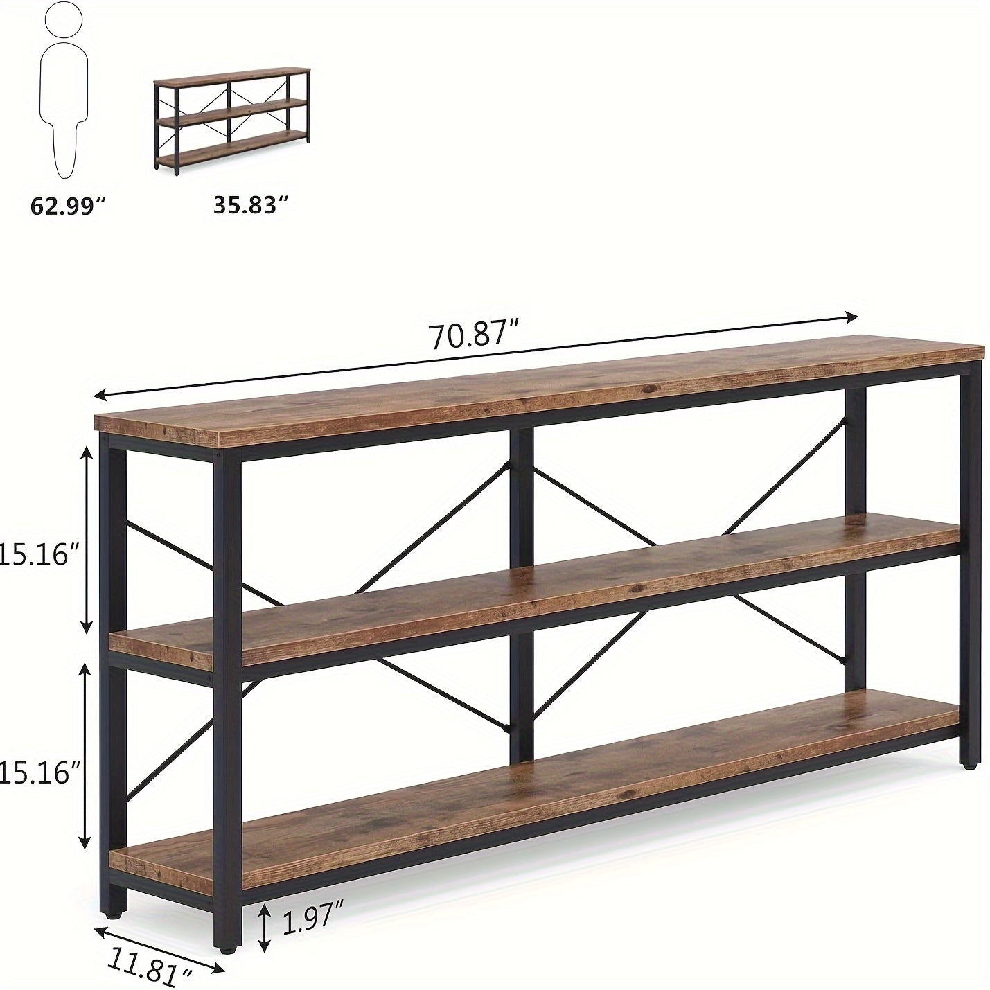 Extra Long Console Table, 3-Tier Narrow Sofa Table with Metal Frame and X-Shaped Support for Living Room and Hallway